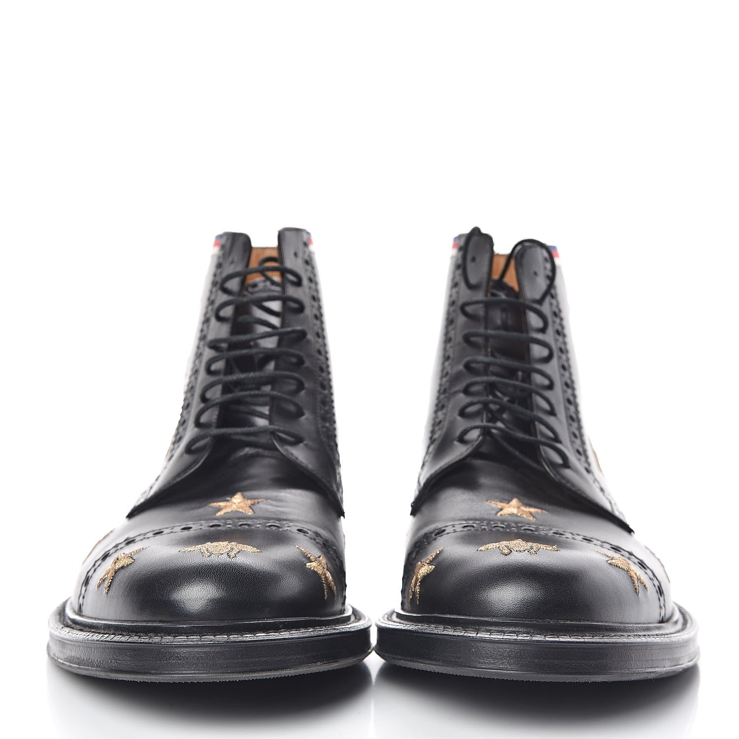 Gucci Calfskin Sylvie Web Bee Star Embroidered Mens Brogue Captoe Boots 7.5 Black 2 of 10