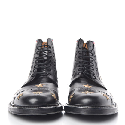 Gucci Calfskin Sylvie Web Bee Star Embroidered Mens Brogue Captoe Boots 7.5 Black 2 of 10