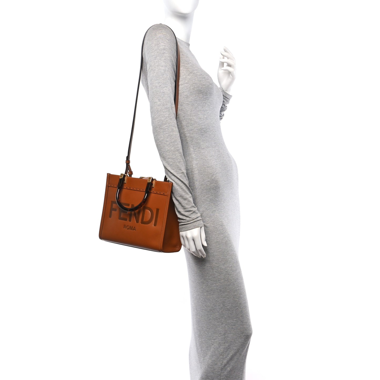 Vitello King Plexiglass Logo Embossed Small Fendi Sunshine Shopper Tote Cuoio