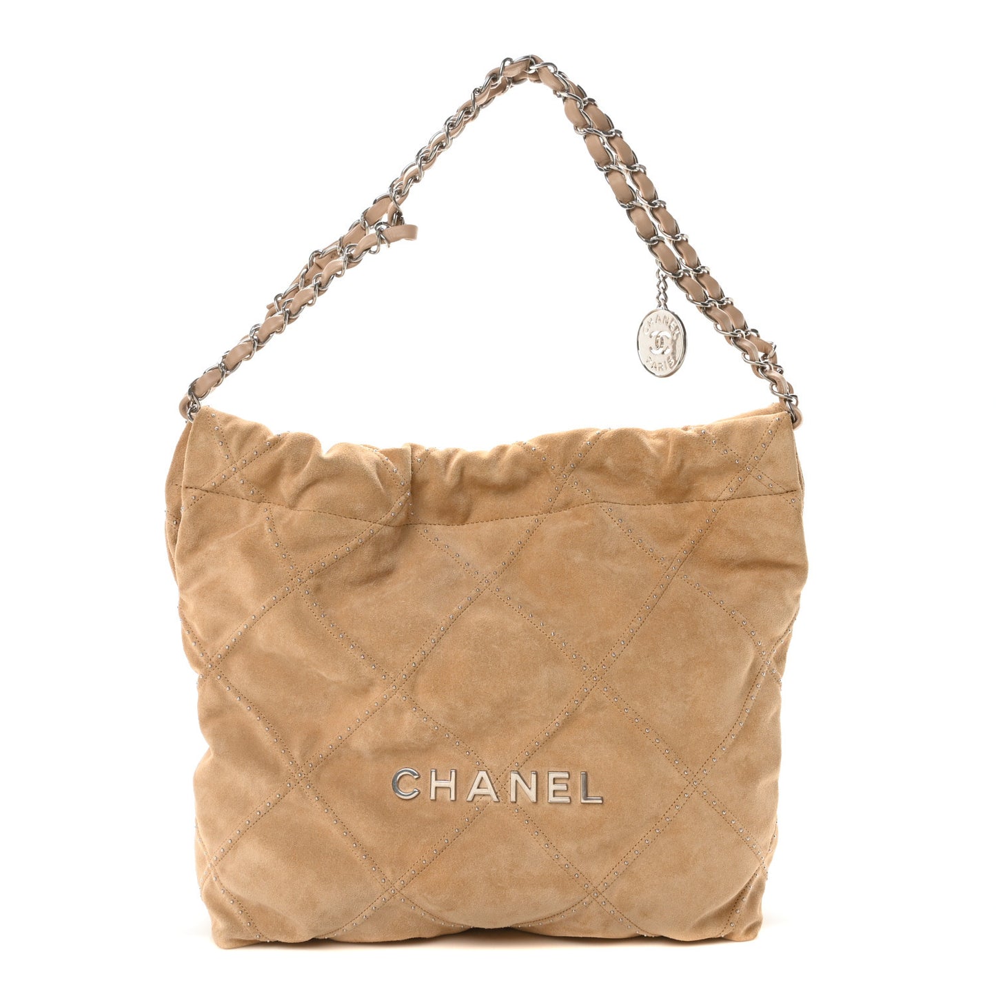 Suede Quilted Studded Small Chanel 22 Beige