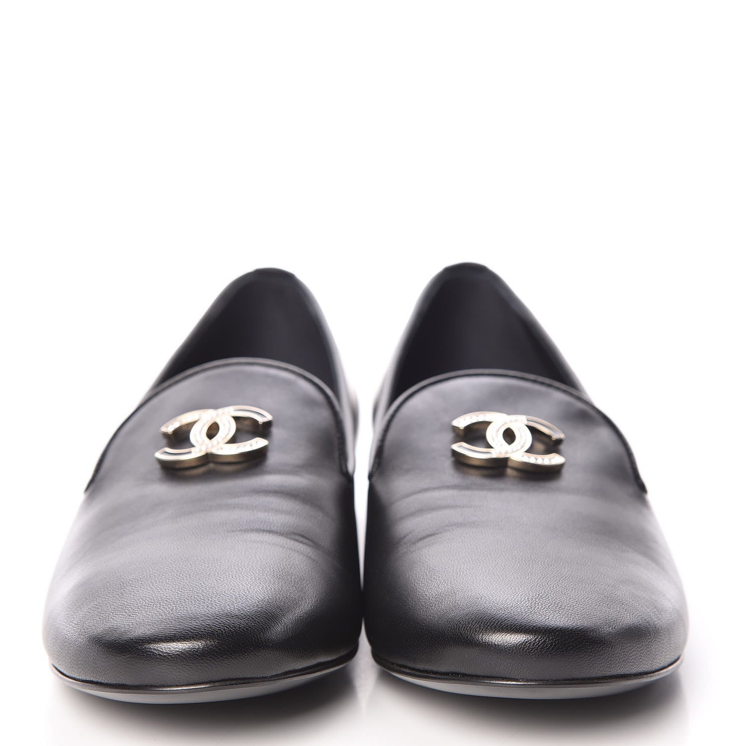 Chanel Enamel Pearl Crystal Lambskin CC Mocassin Loafers 38 Black 2 of 8