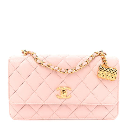 Chanel Shiny Caviar Quilted Flap Charm Wallet On Chain WOC Light Pink 1 of 12
