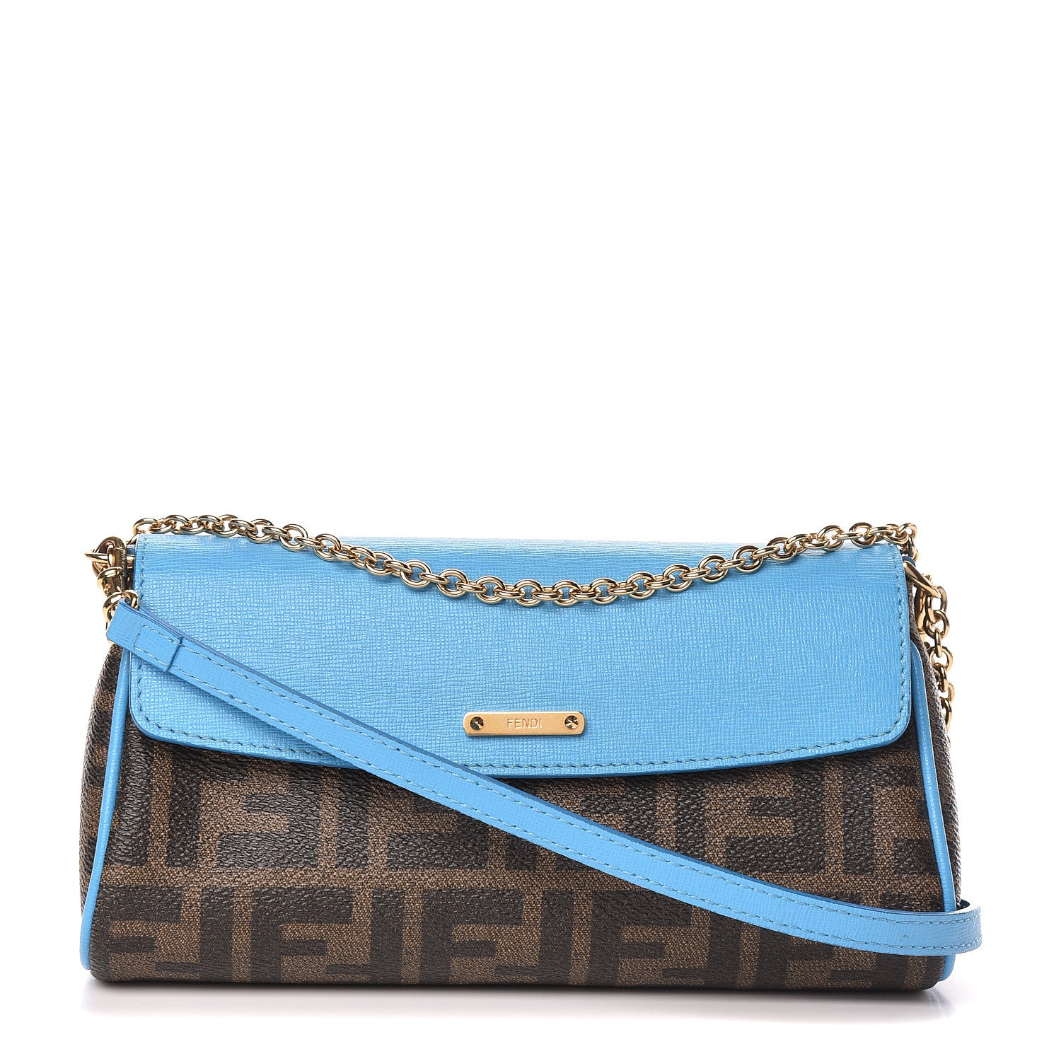 Fendi Zucca Spalmati Vitello Elite Flap Crossbody Bag Tobacco Turchese 1 of 10
