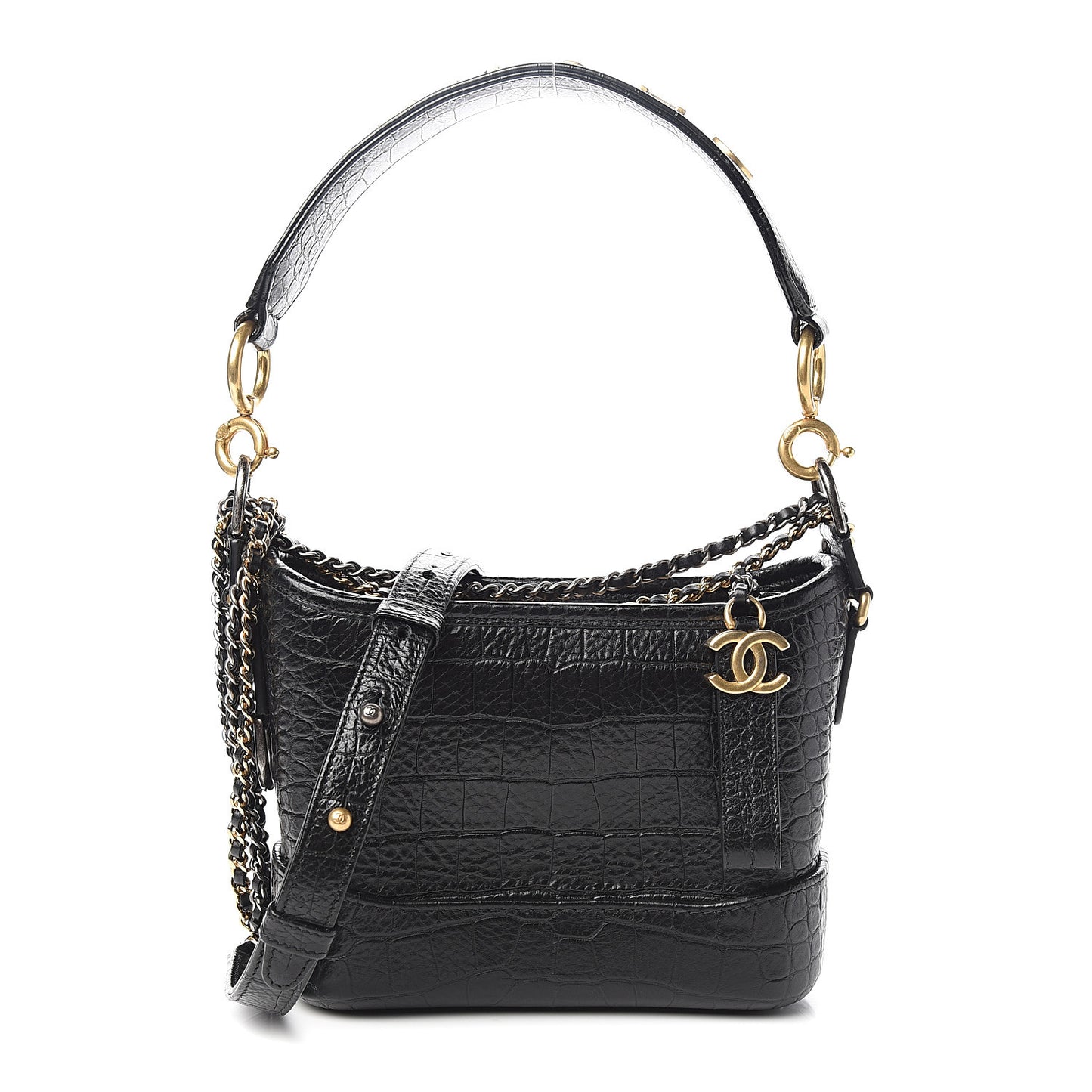 Calfskin Crocodile Embossed Small Gabrielle Cocodile Hobo Black