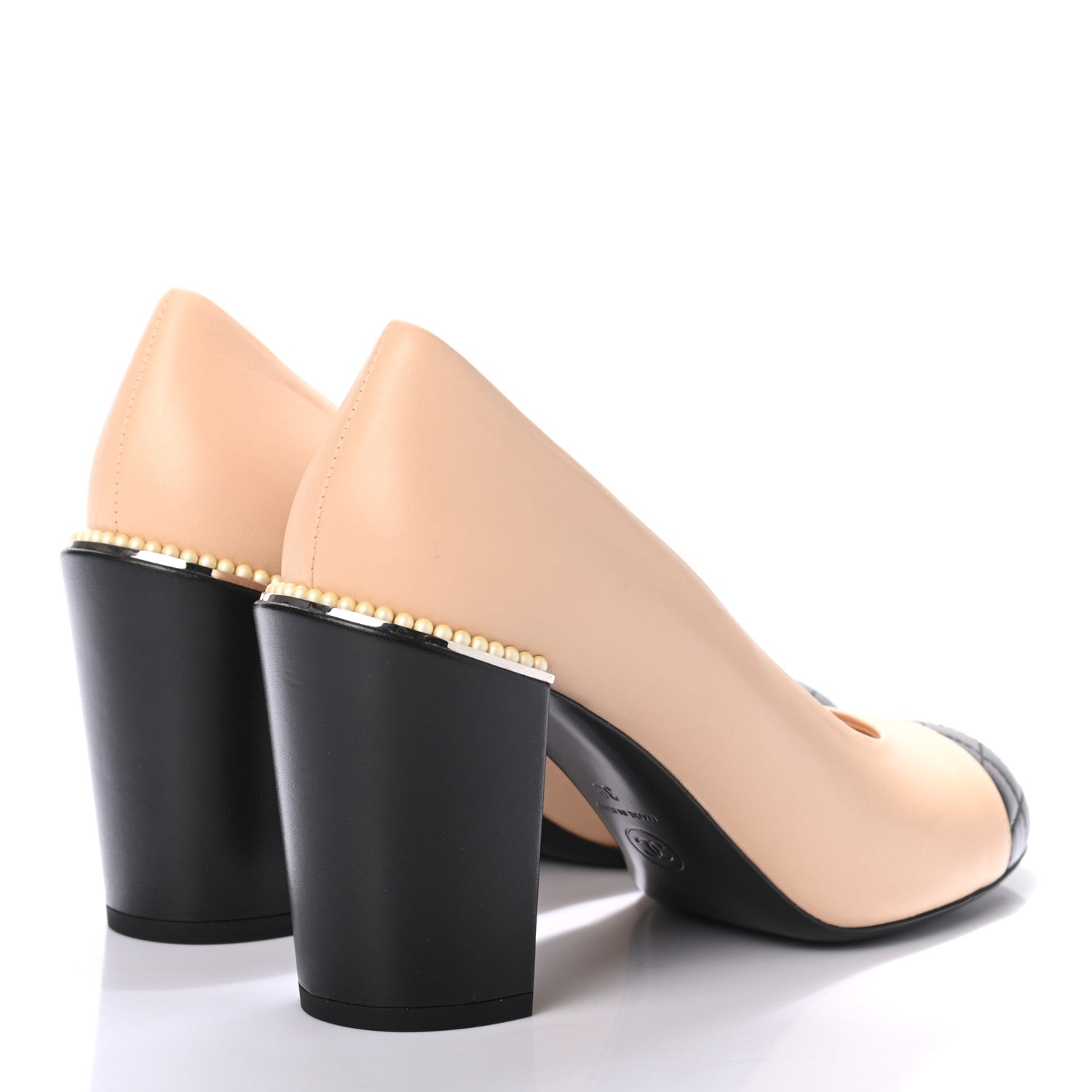 Chanel Lambskin Pearl Cap Toe Pumps 38 Beige Black 4 of 7