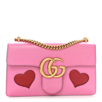 Gucci Knight Calfskin Malaga Kid Heart Medium GG Marmont Chain Handle Bag Tropical Pink Flower Hibiscus Red Multicolor 1 of 11