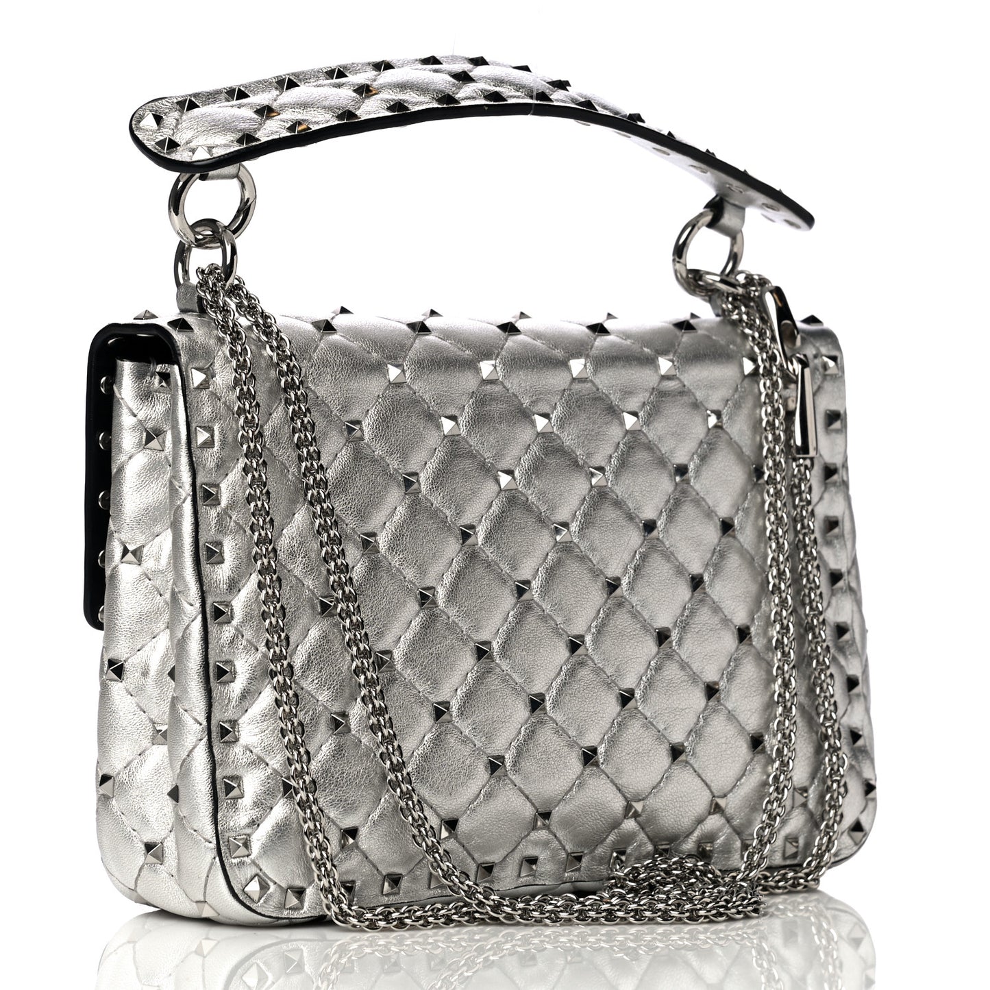 Metallic Nappa Medium Rockstud Spike Shoulder Bag Silver