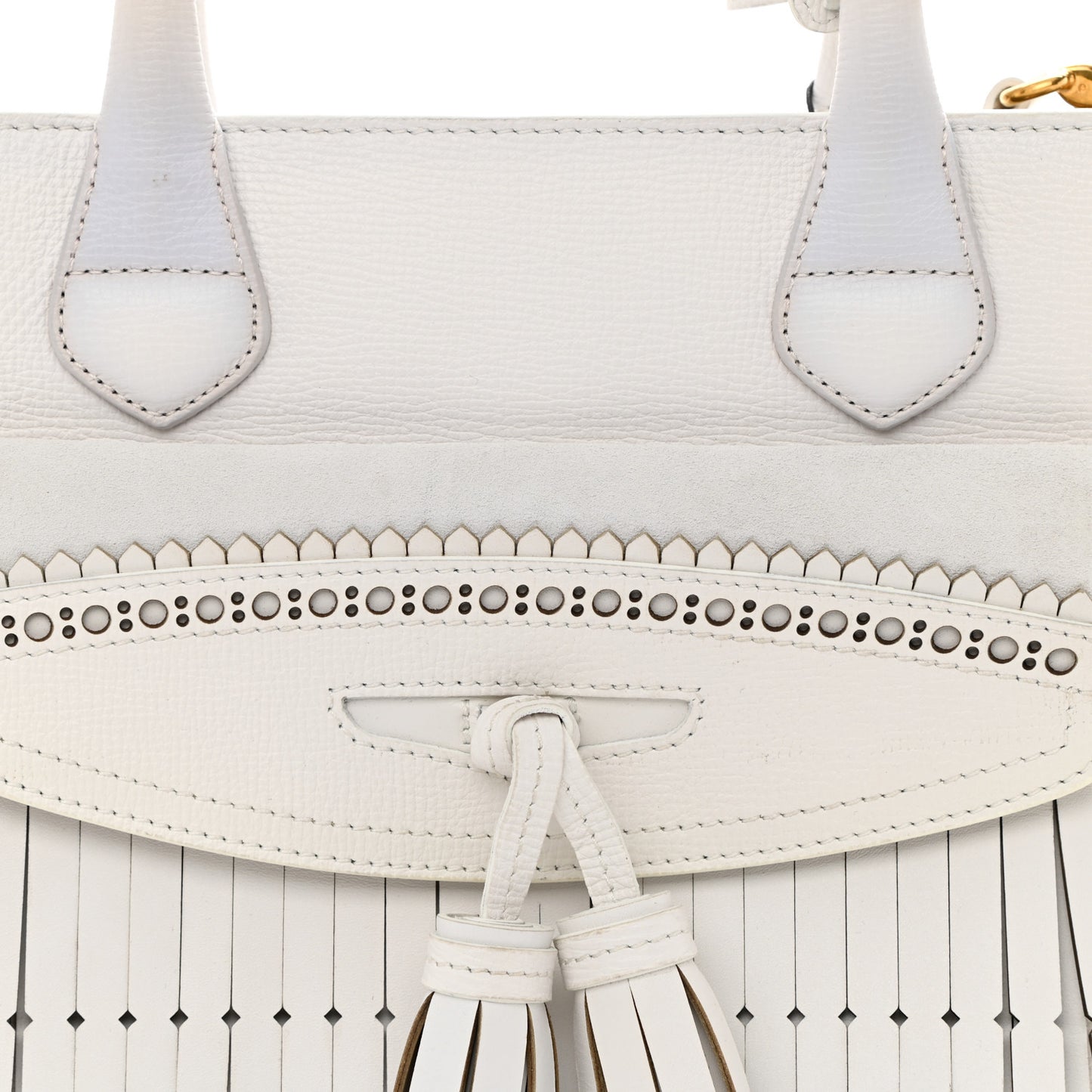 Grainy Calfskin Perforated Medium Broguing Tassel Banner Tote Chalk White