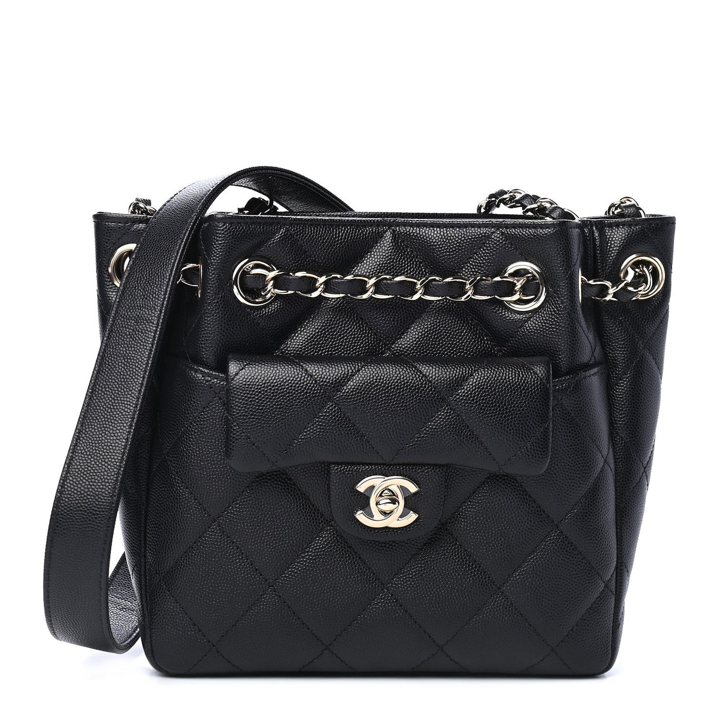 Caviar Quilted Flap Bucket Bag Black