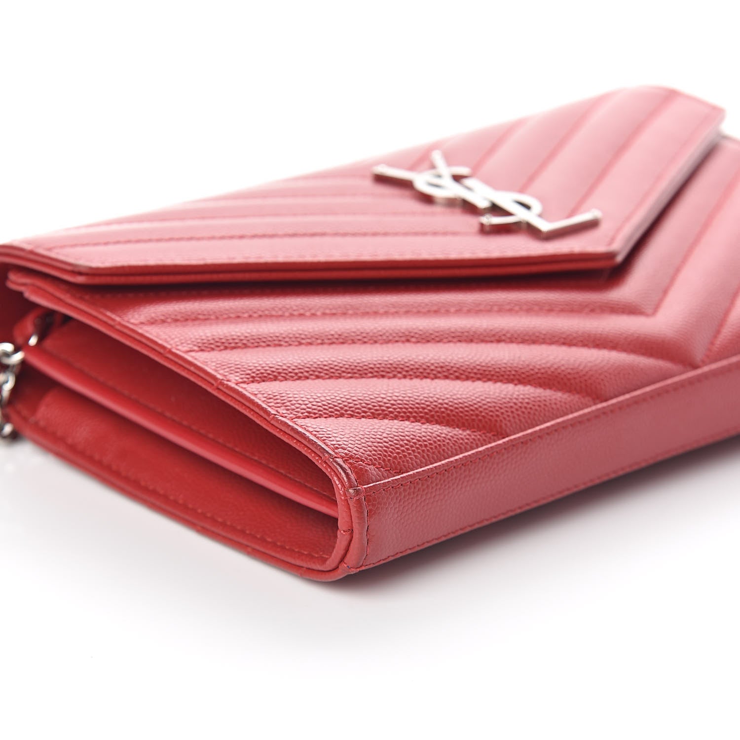 Saint Laurent Grain De Poudre Matelasse Chevron Monogram Chain Wallet New Red 8 of 9