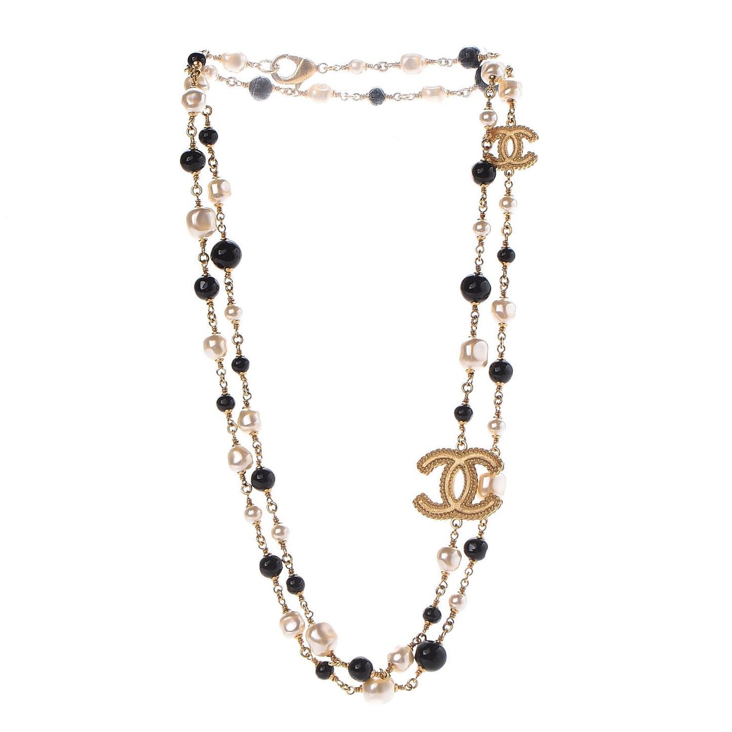 Pearl Bead CC Long Necklace Black Gold