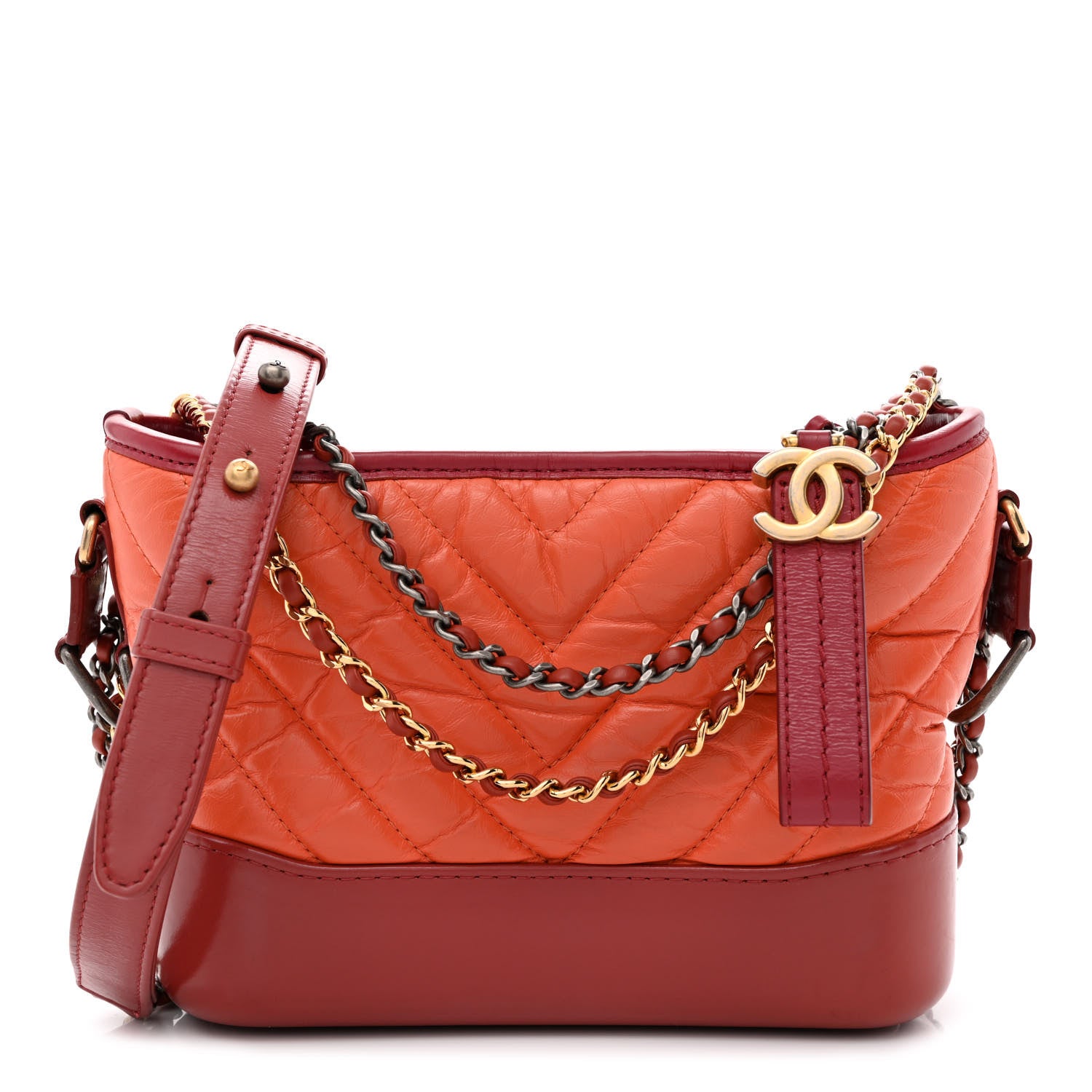 Chanel Aged Calfskin Chevron Quilted Small Gabrielle Hobo Dark Red Orange 1 of 10