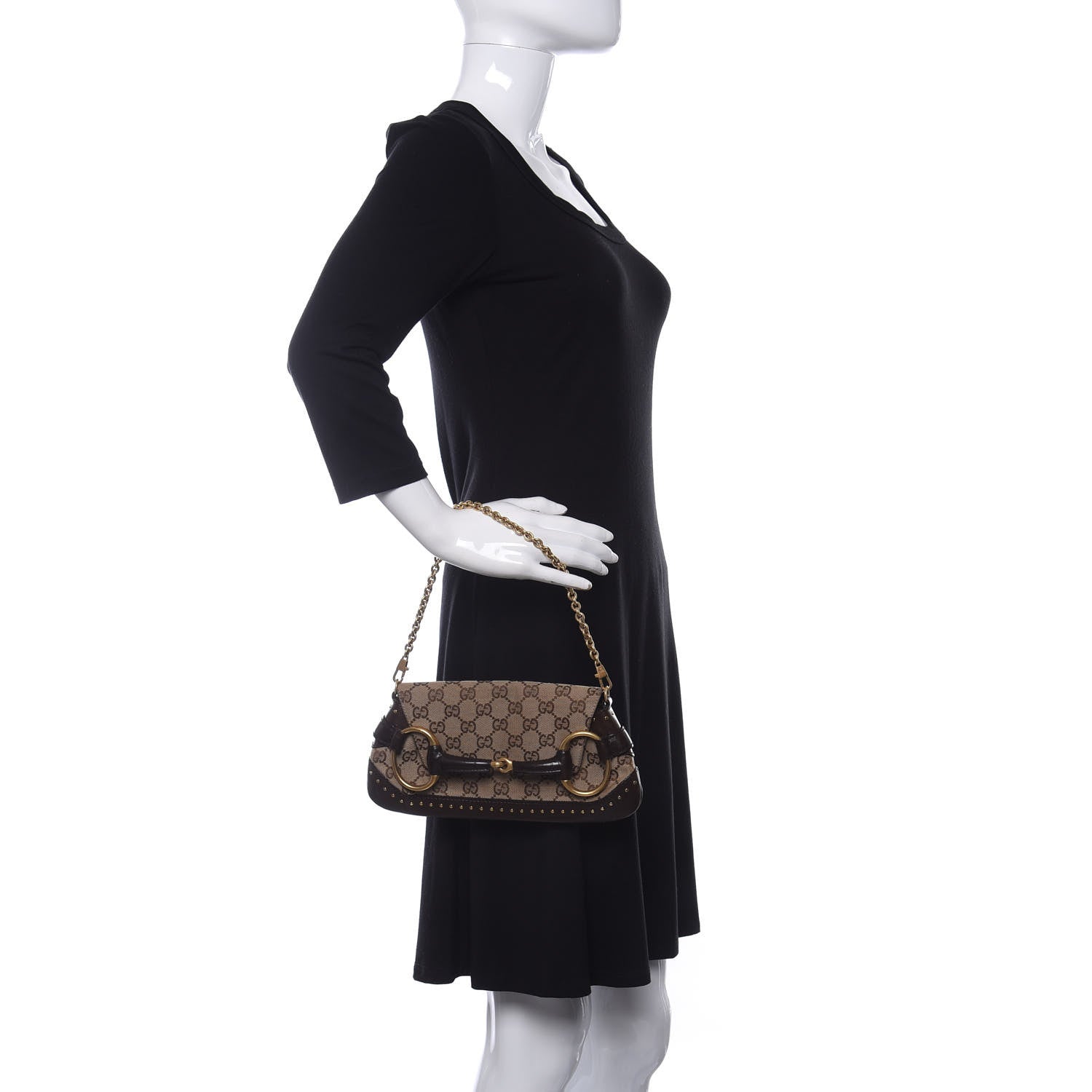 Gucci Monogram Studded Horsebit Clutch Dark Brown 2 of 15