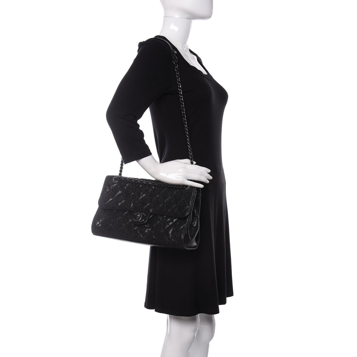 Crumpled Grained Calfskin Jumbo CC Crave Flap Black
