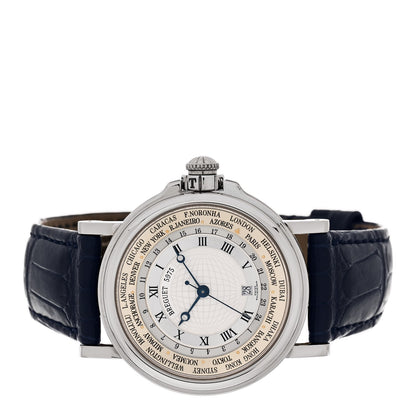 Breguet 18K White Gold Alligator 38mm Hora Mundi Marine Time Automatic Watch Silver 3700 2 of 5