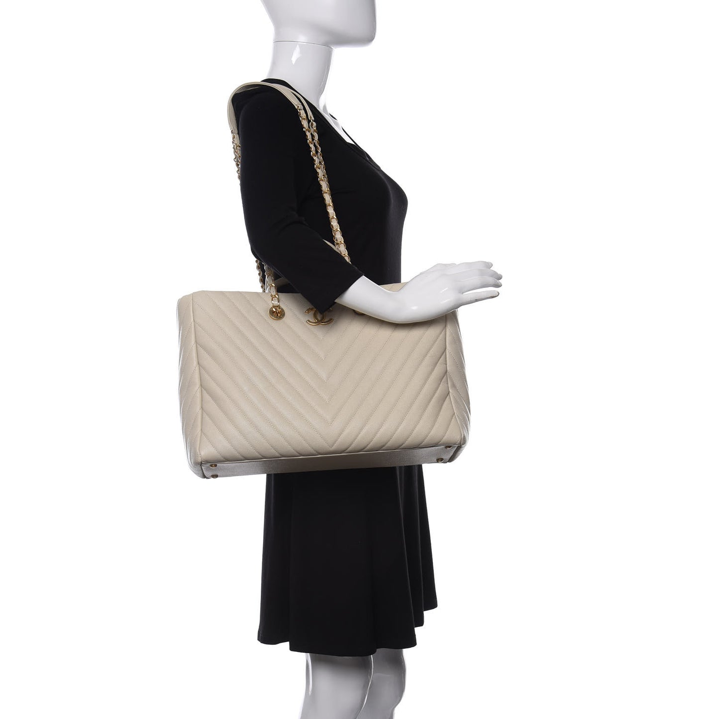 Caviar Chevron Quilted Coco Handle Shopping Tote Ivory