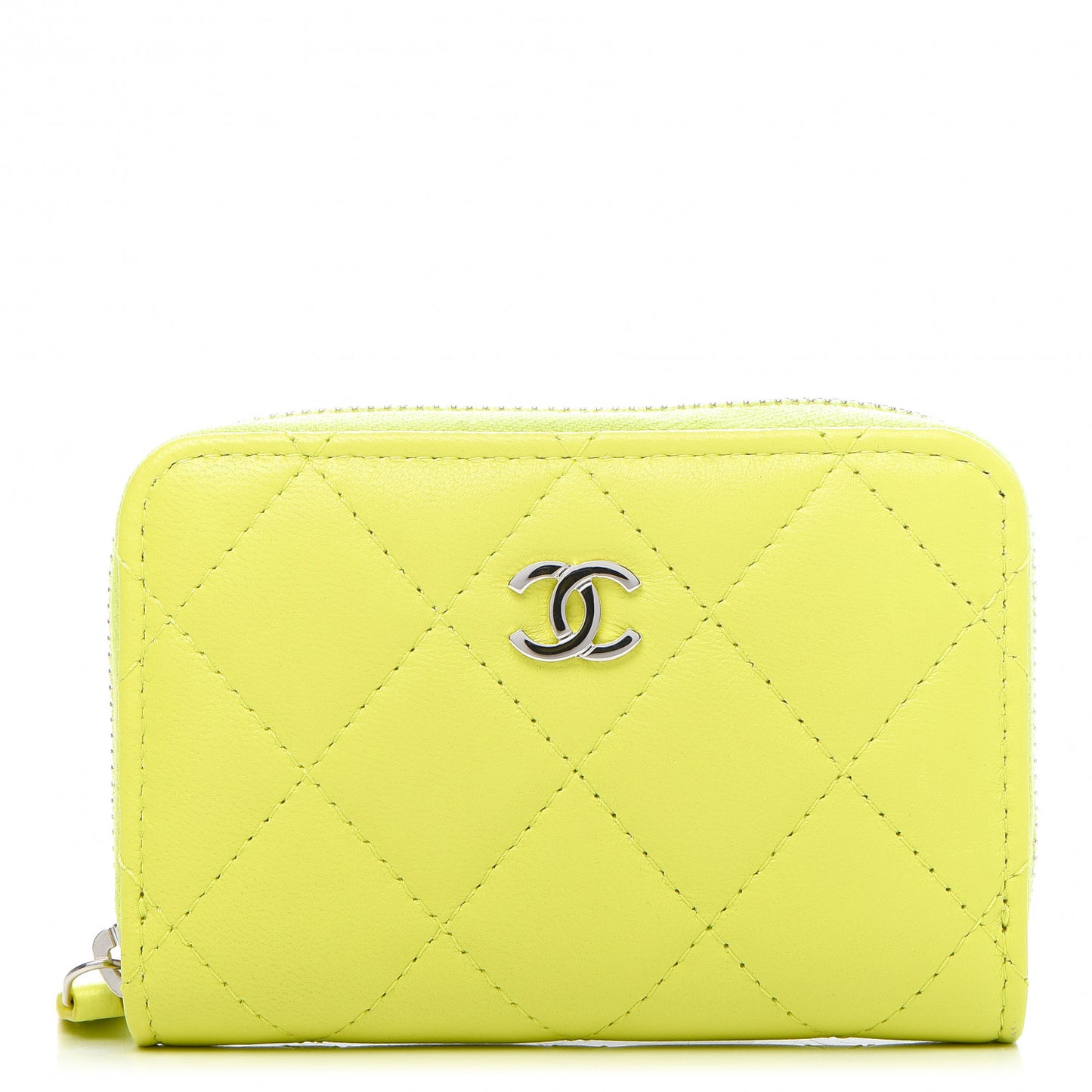 Lambskin Quilted Zip Coin Purse Wallet Neon Yellow