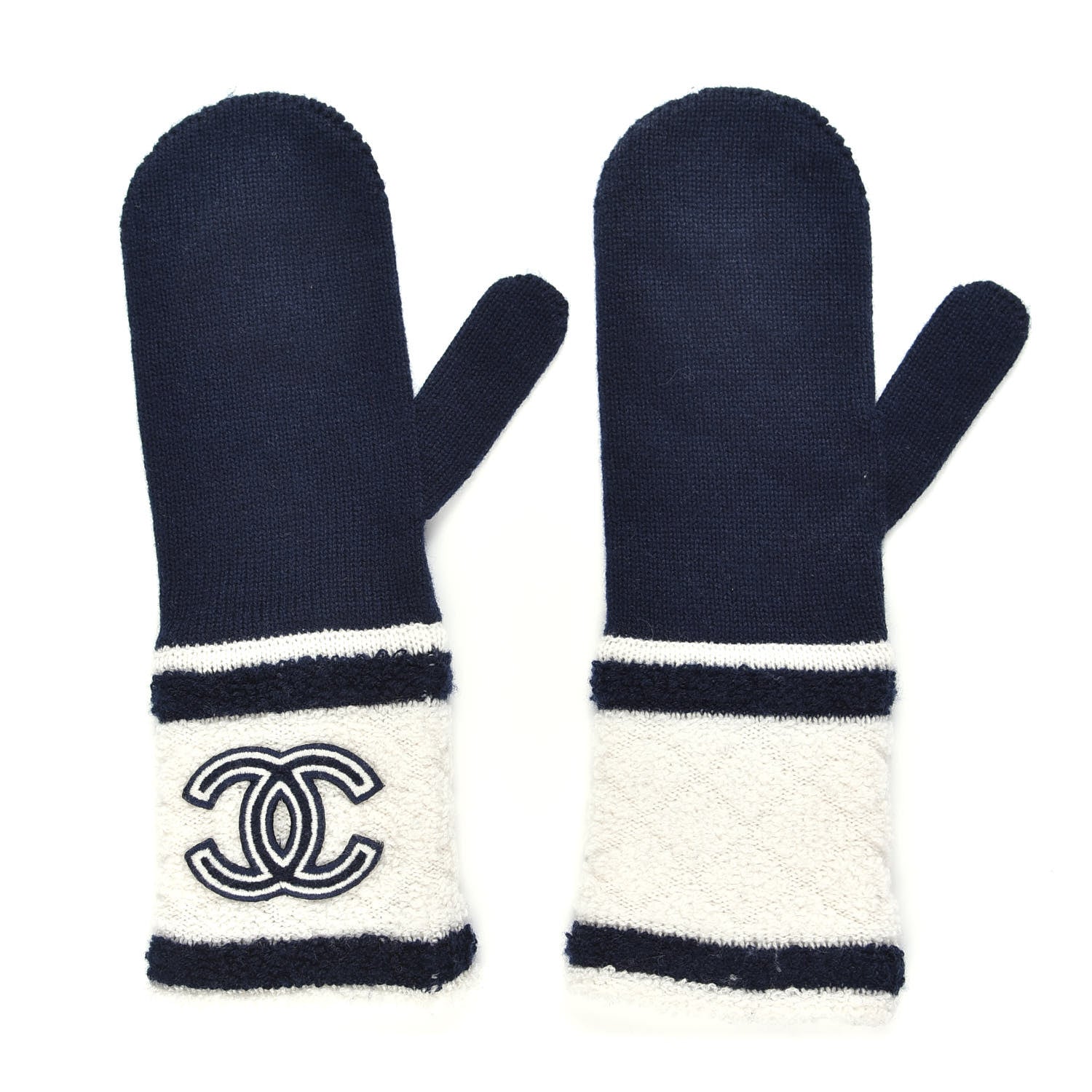 Chanel Cashmere Quilted CC Gloves Navy White 1 of 3