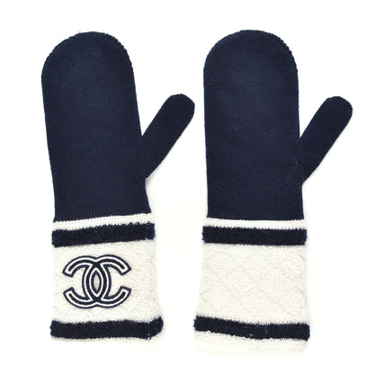 Chanel Cashmere Quilted CC Gloves Navy White 1 of 3