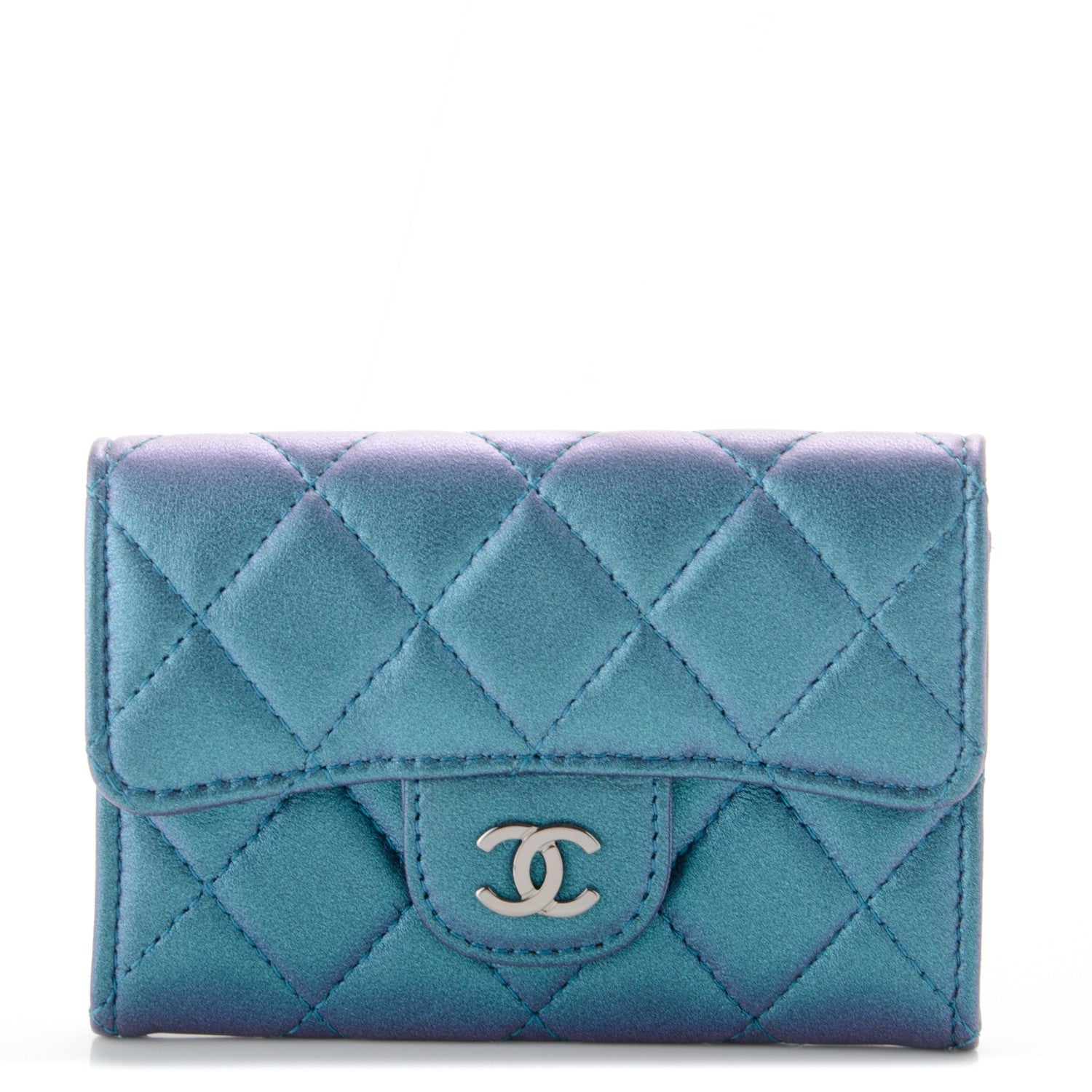 Chanel Metallic Lambskin Quilted Flap Card Holder Turquoise 1 of 8