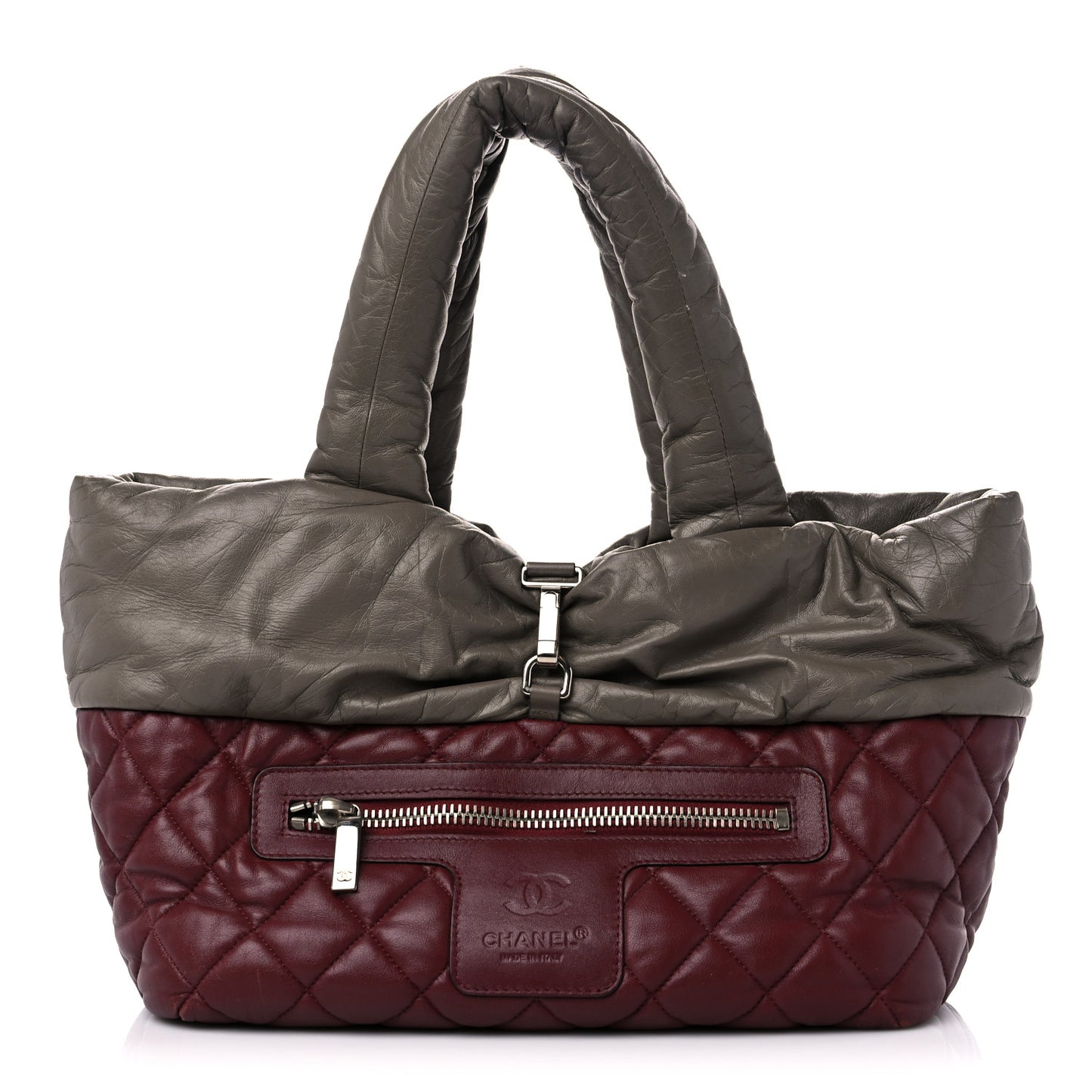 Lambskin Quilted Small Coco Cocoon Reversible Tote Grey Burgundy