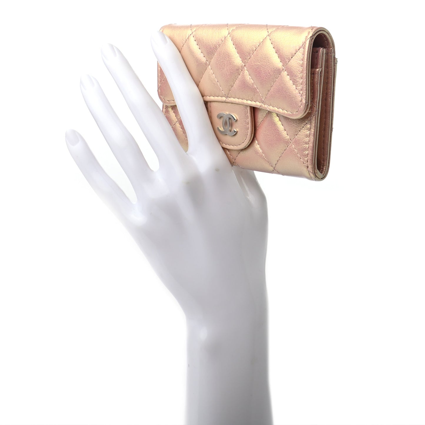 Iridescent Calfskin Quilted Flap Card Holder Wallet Pink
