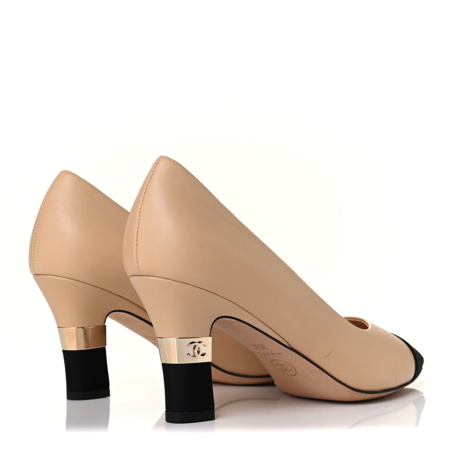 Lambskin Grosgrain Cap Toe CC Pumps 36.5 Beige Black