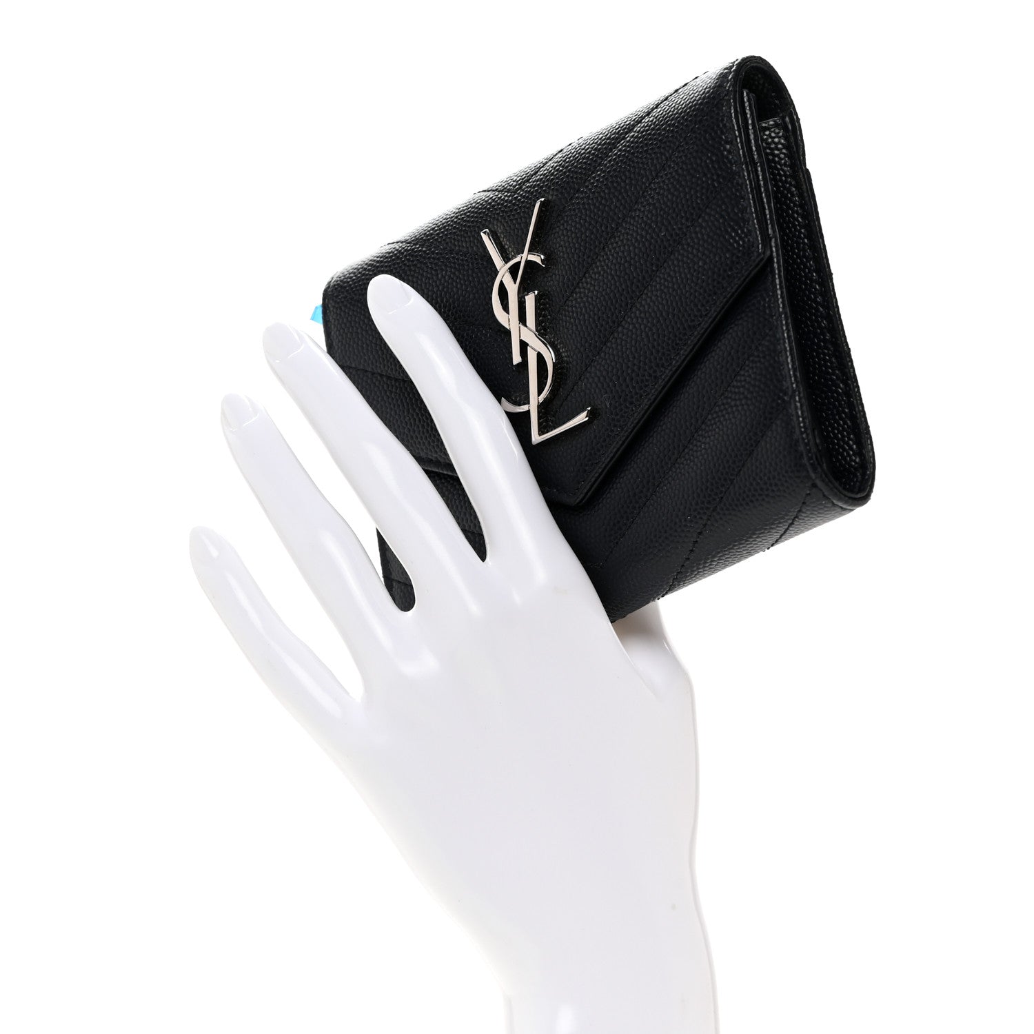 Saint Laurent Grain De Poudre Matelasse Chevron Monogram Compact Tri Fold Wallet Deep Marine 2 of 8