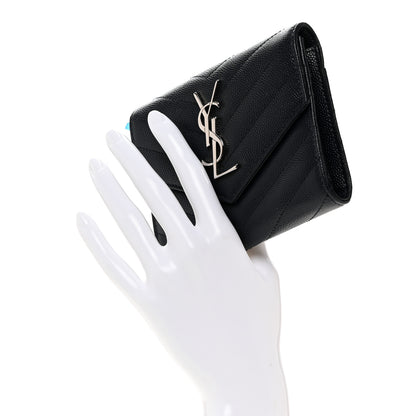 Saint Laurent Grain De Poudre Matelasse Chevron Monogram Compact Tri Fold Wallet Deep Marine 2 of 8