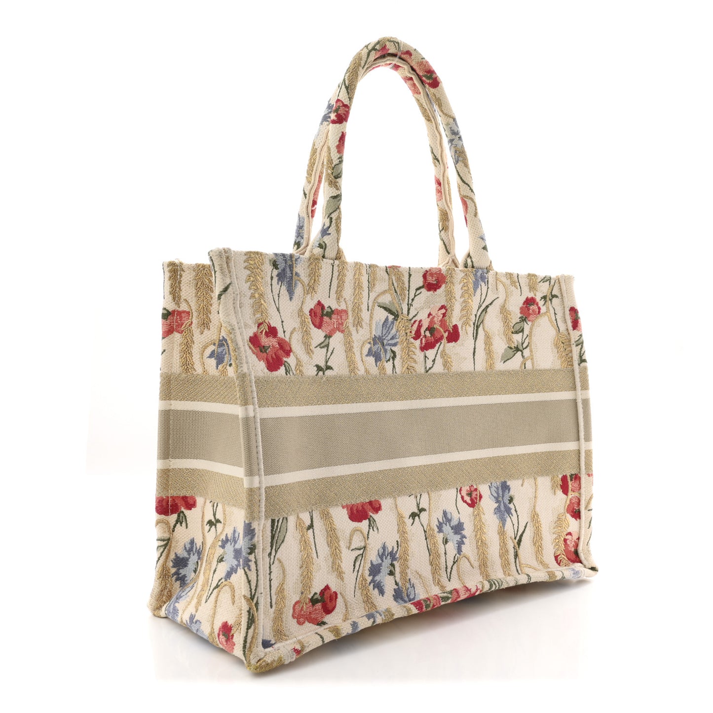 Canvas Embroidered Medium Hibiscus Book Tote Beige Multicolor