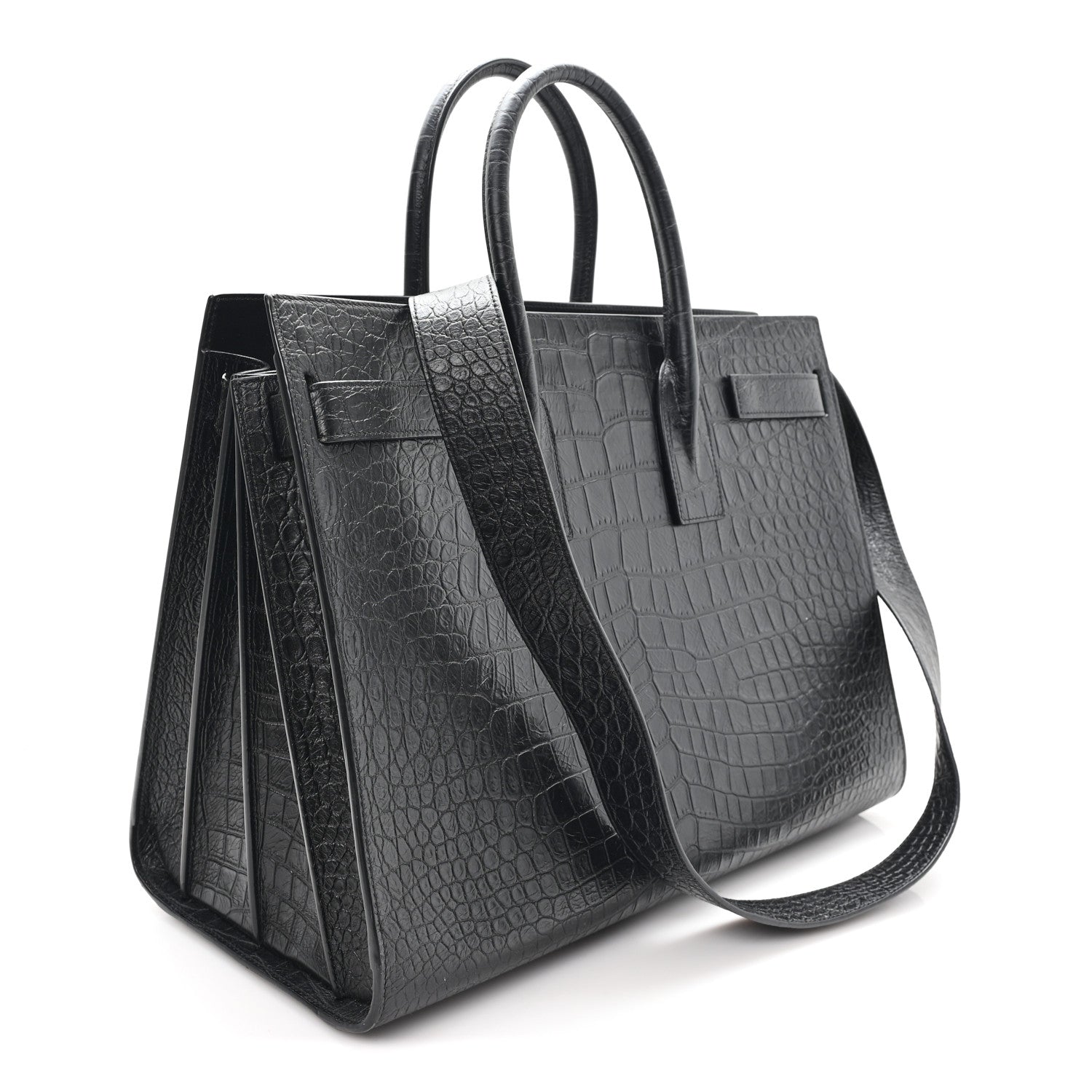 Saint Laurent Calfskin Crocodile Embossed Large Sac De Jour Carryall Black 3 of 12