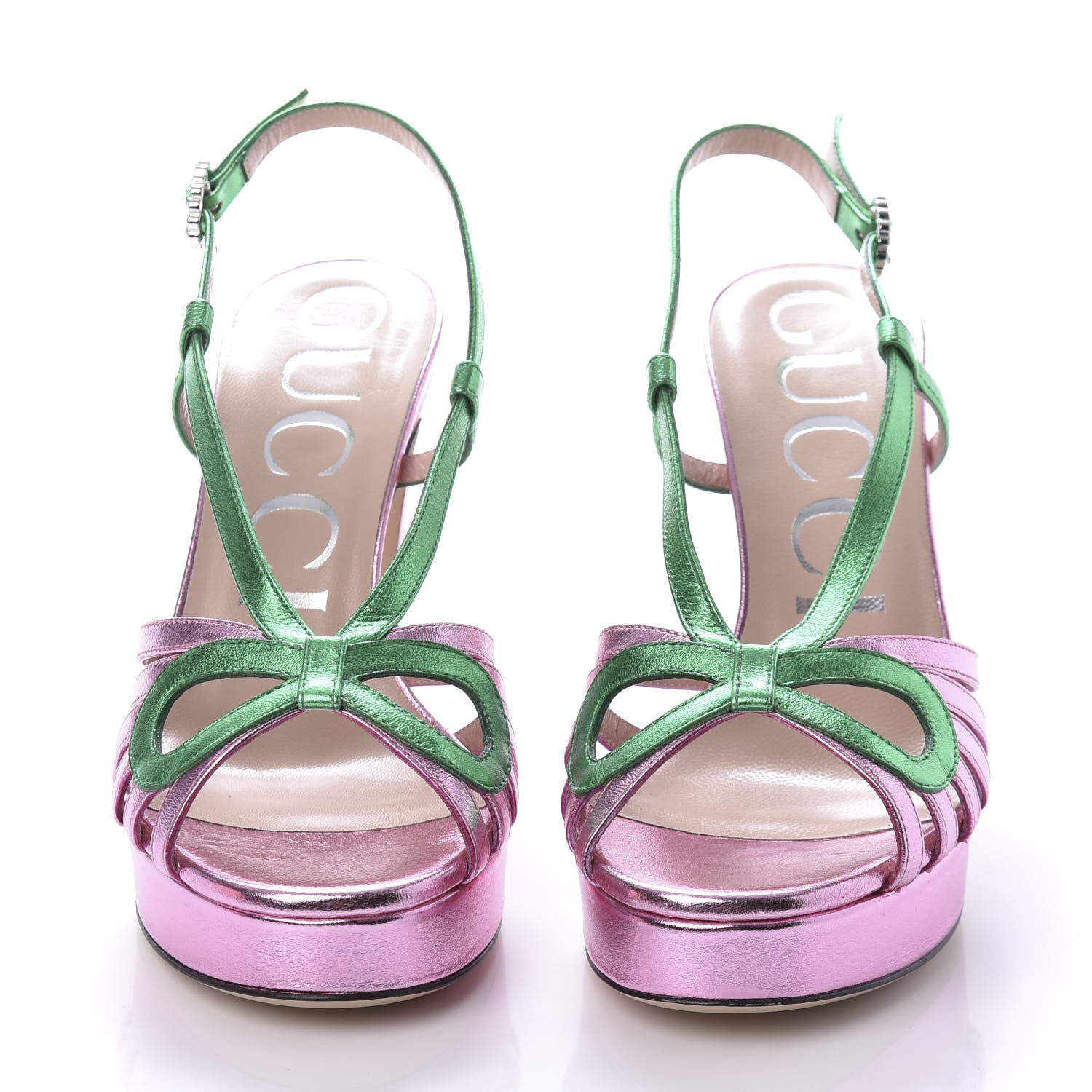 Gucci Metallic Nappa Crystal Zephyra Slingback Platform High Heel Sandals 36 Rosa Jasmine Green 2 of 7