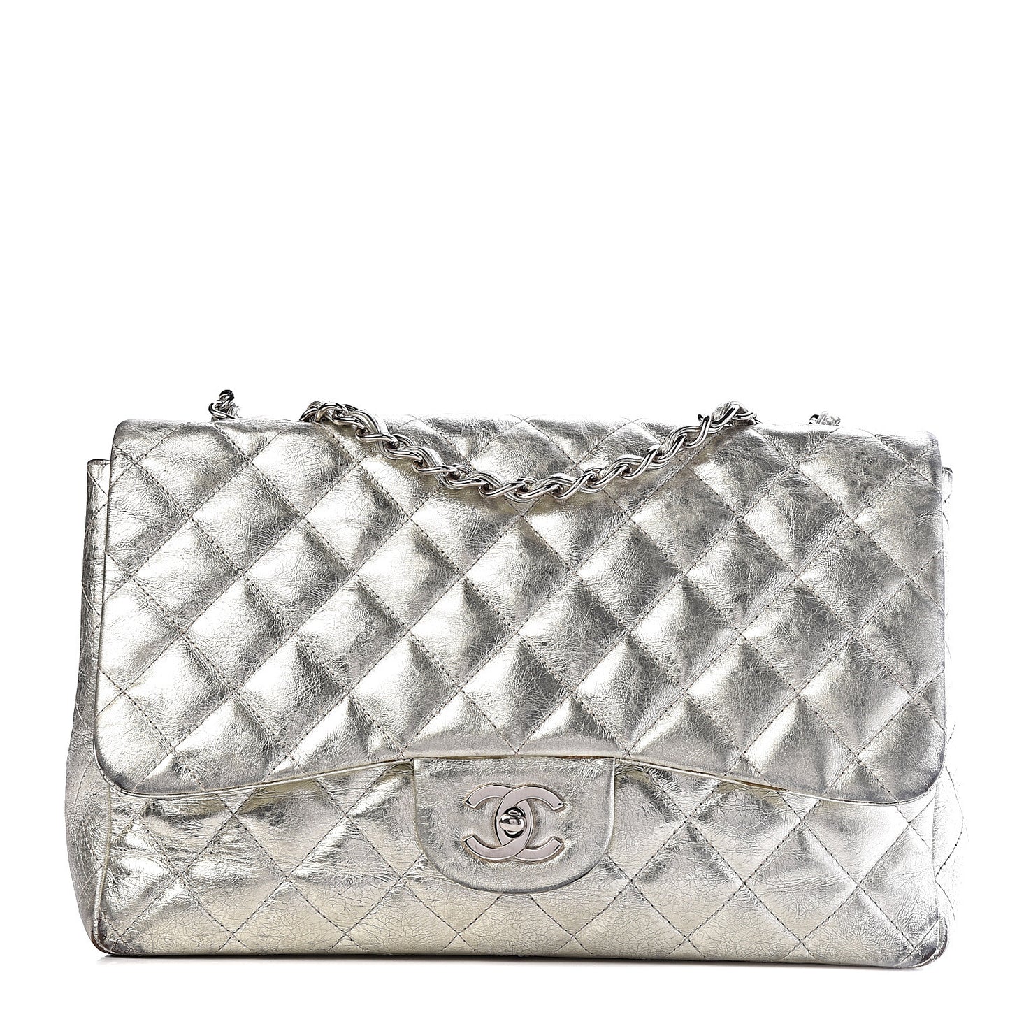 Metallic Aged Calfskin Quilted Jumbo Single Flap Silver