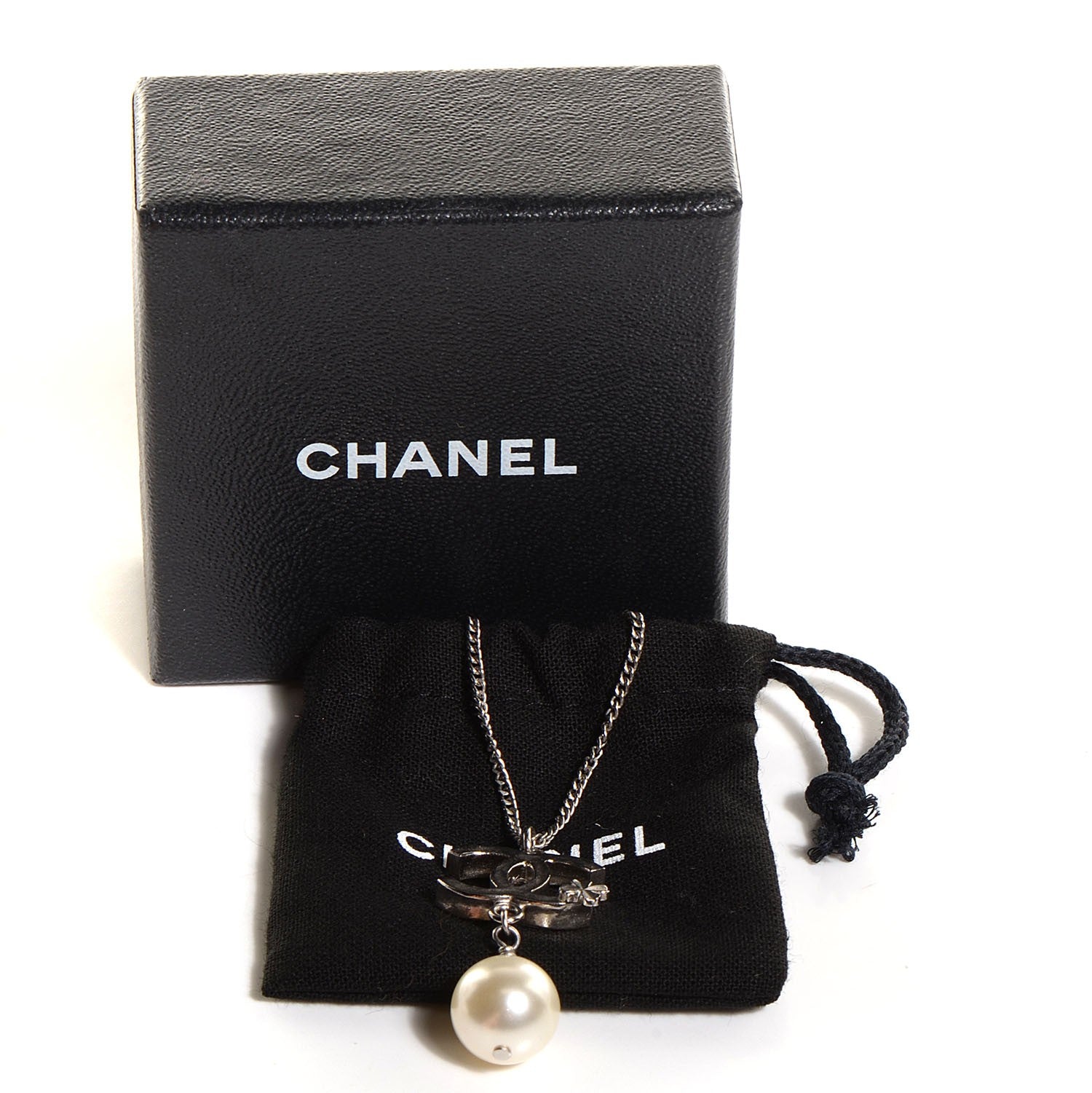 Chanel Clover CC Pearl Drop Necklace Silver 6 of 6