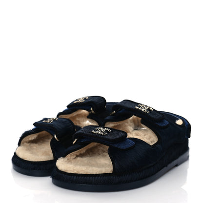 Chanel Calfskin Hair Suede Shearling Dad Sandals 37 Navy Black 3 of 9
