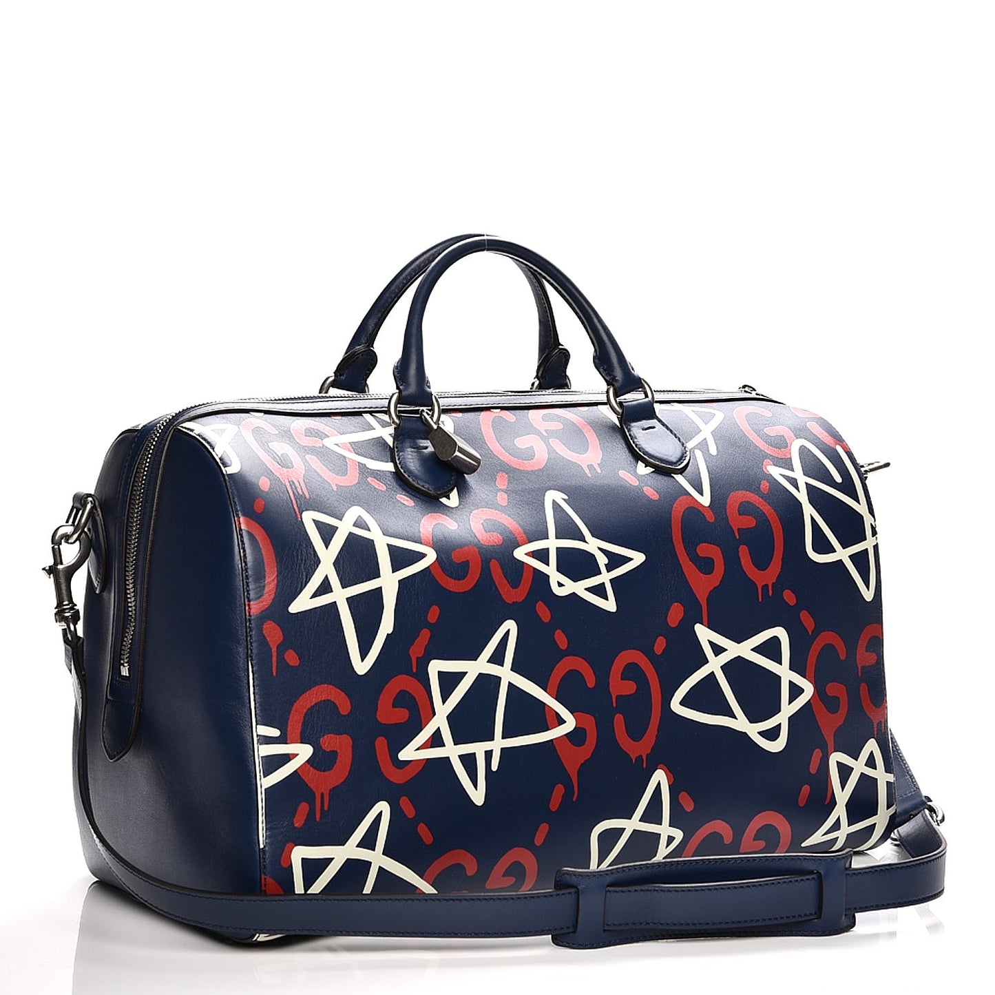 Calfskin GucciGhost Print Duffle Blue Agata Hibiscus Red