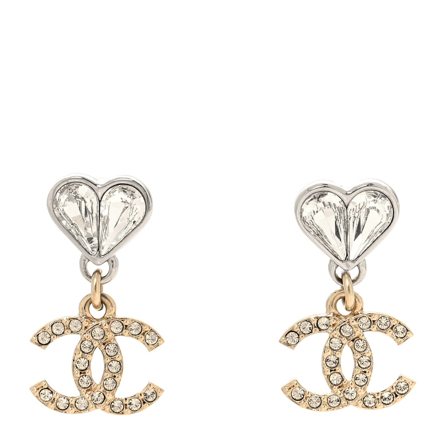 Crystal CC Heart Drop Earrings Gold Silver