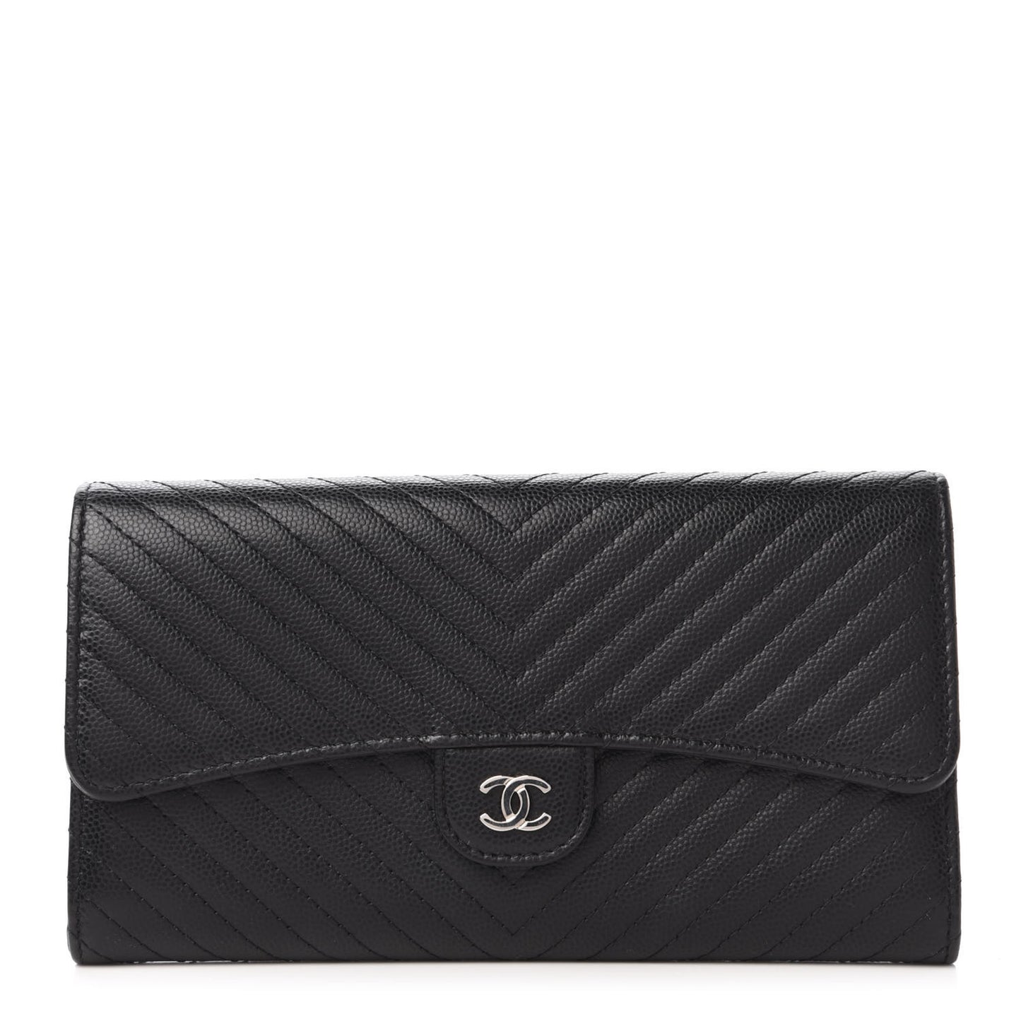 Caviar Chevron Quilted Large Flap Wallet Black
