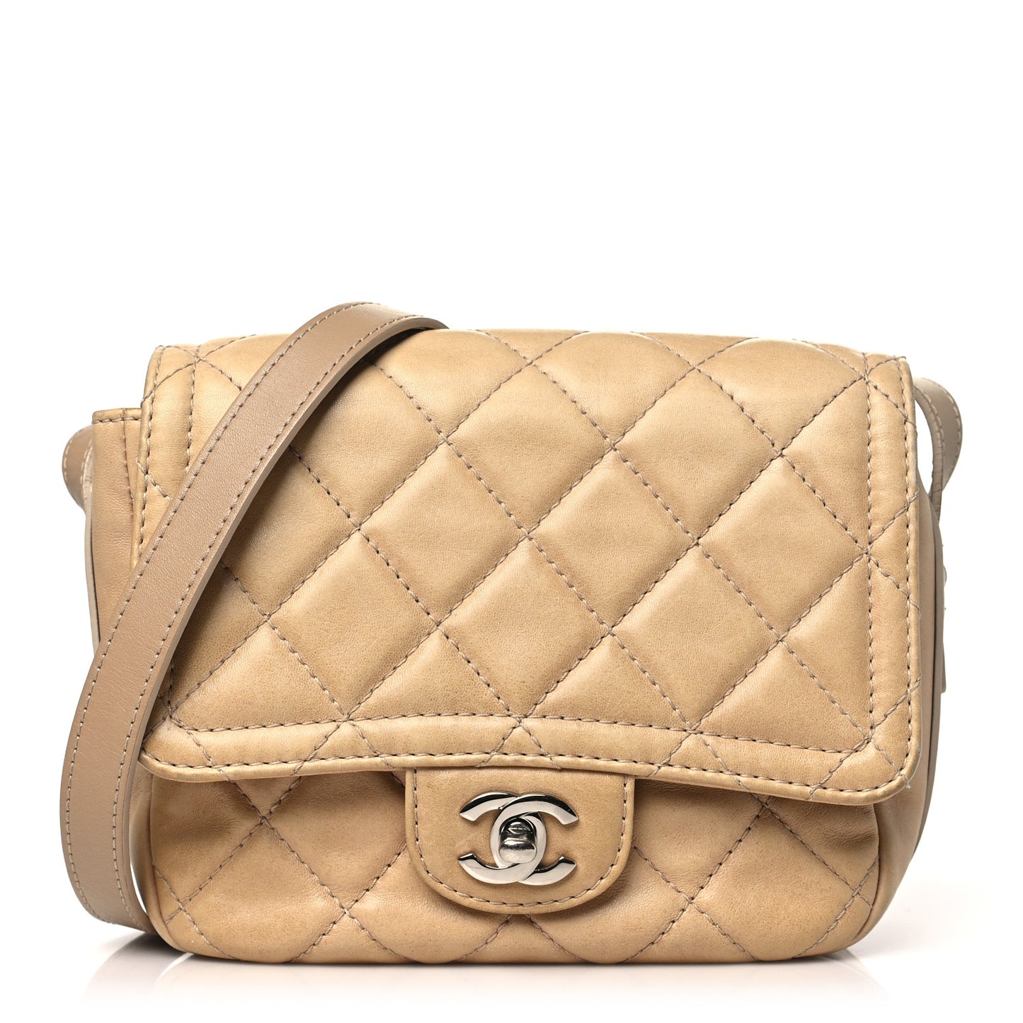 Lambskin Quilted Flap Crossbody Bag Beige