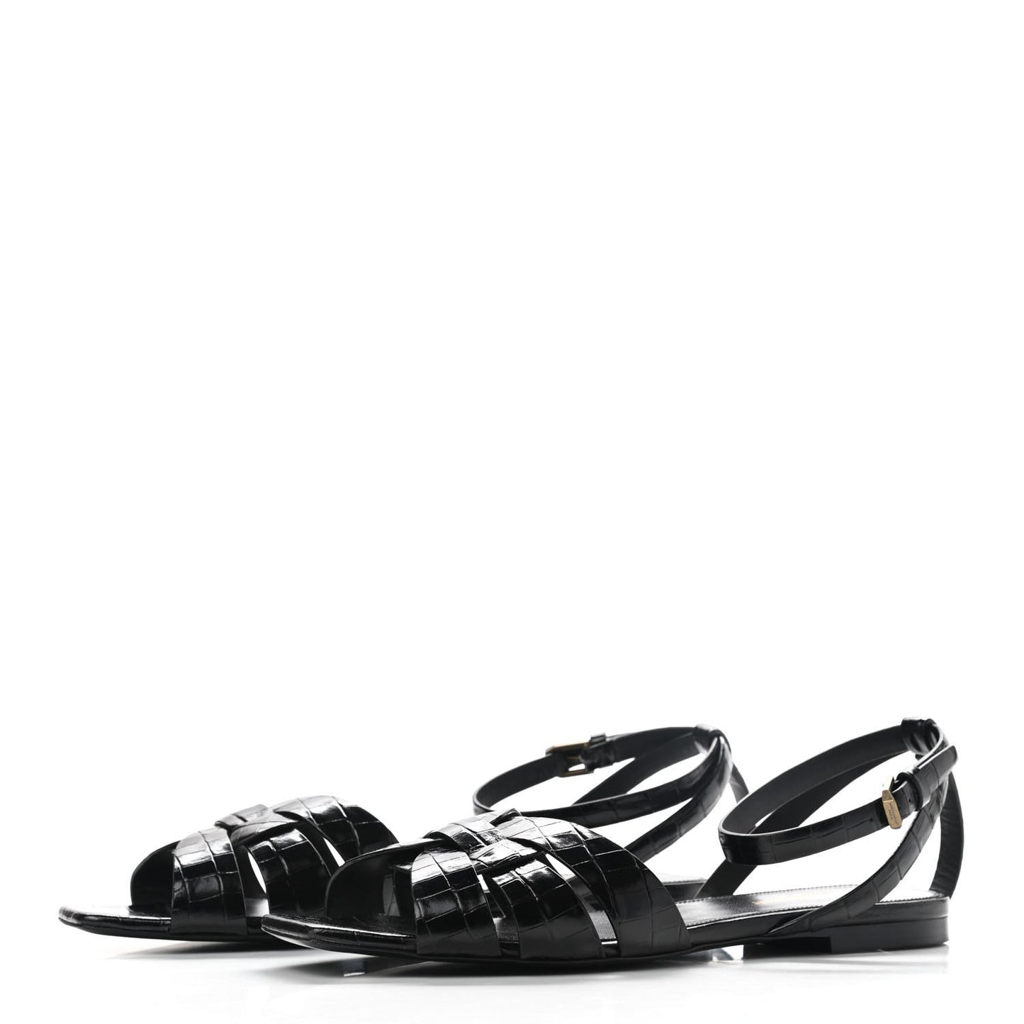Calfskin Crocodile Embossed Tribute 05 Ankle Strap Sandals 39.5 Black
