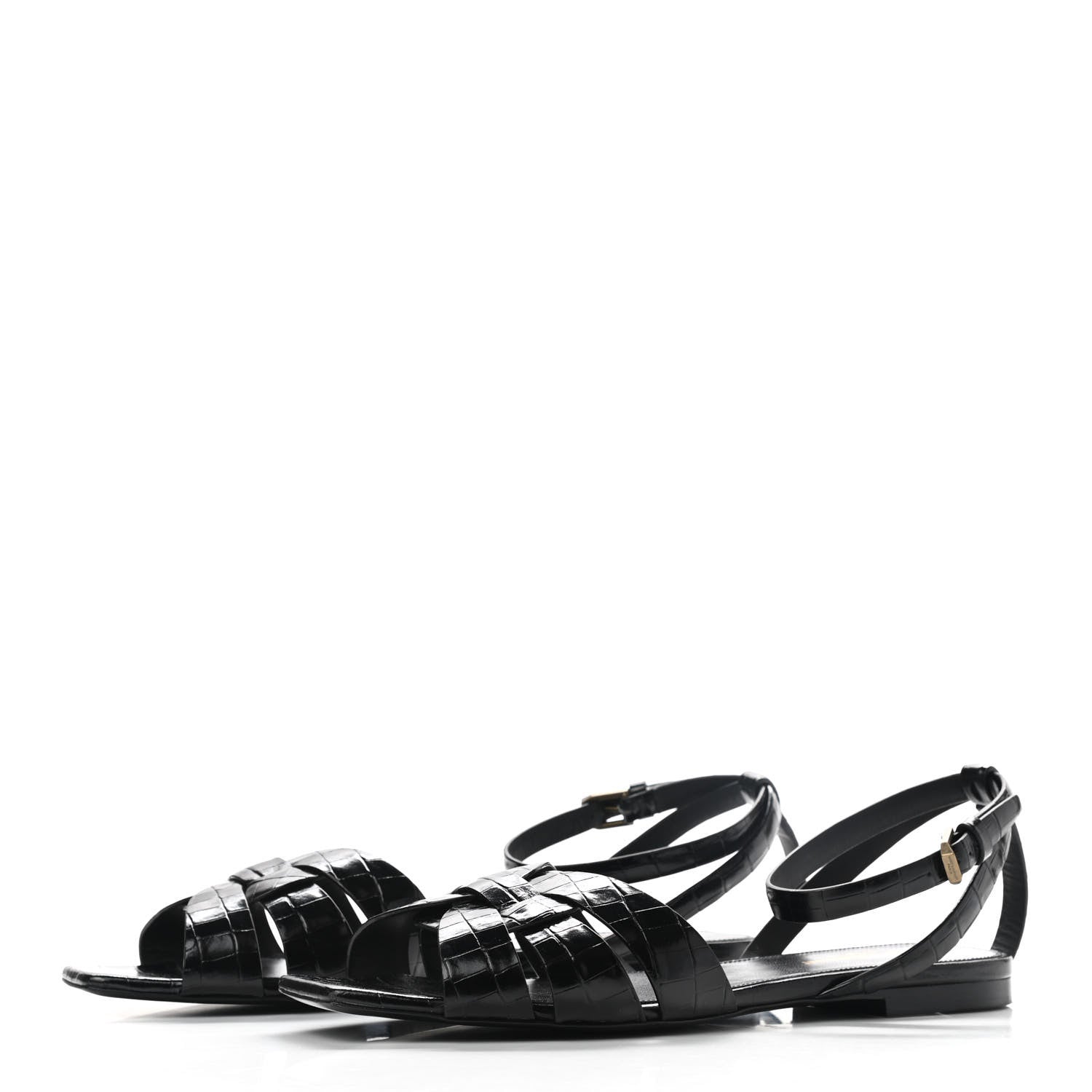 Saint Laurent Calfskin Crocodile Embossed Tribute 05 Ankle Strap Sandals 39.5 Black 3 of 9
