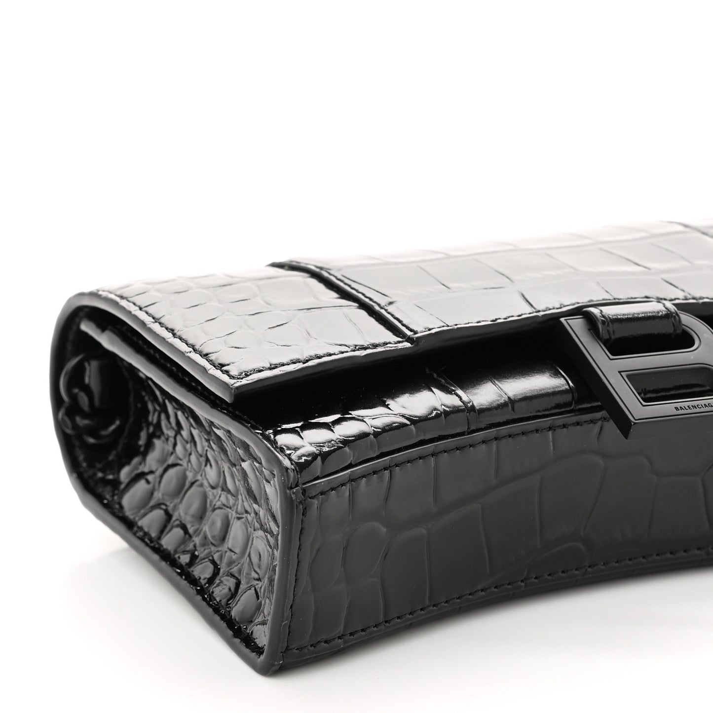 Shiny Calfskin Monochrome Crocodile Embossed Hourglass Chain Bag Black