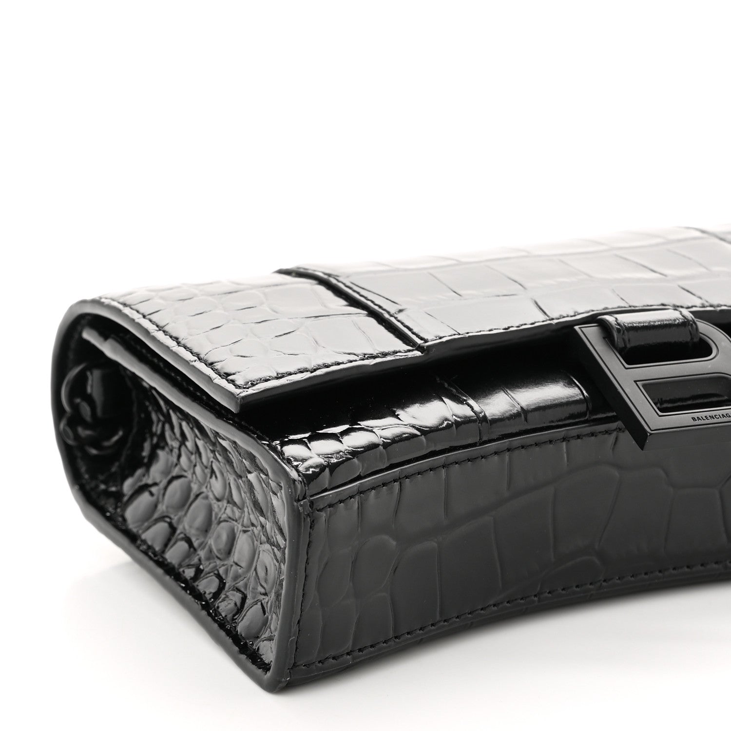 Balenciaga Shiny Calfskin Monochrome Crocodile Embossed Hourglass Chain Bag Black 8 of 9