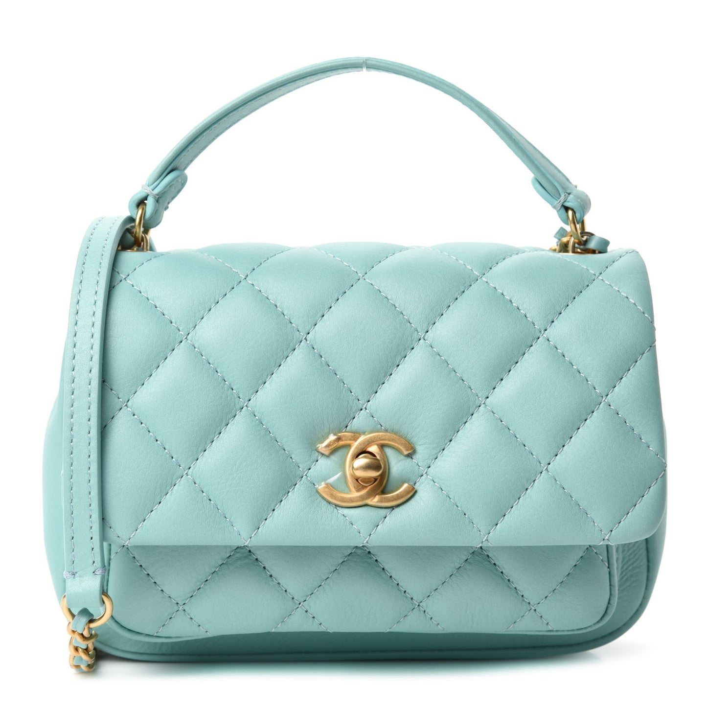 Calfskin Quilted Top Handle Flap Light Blue