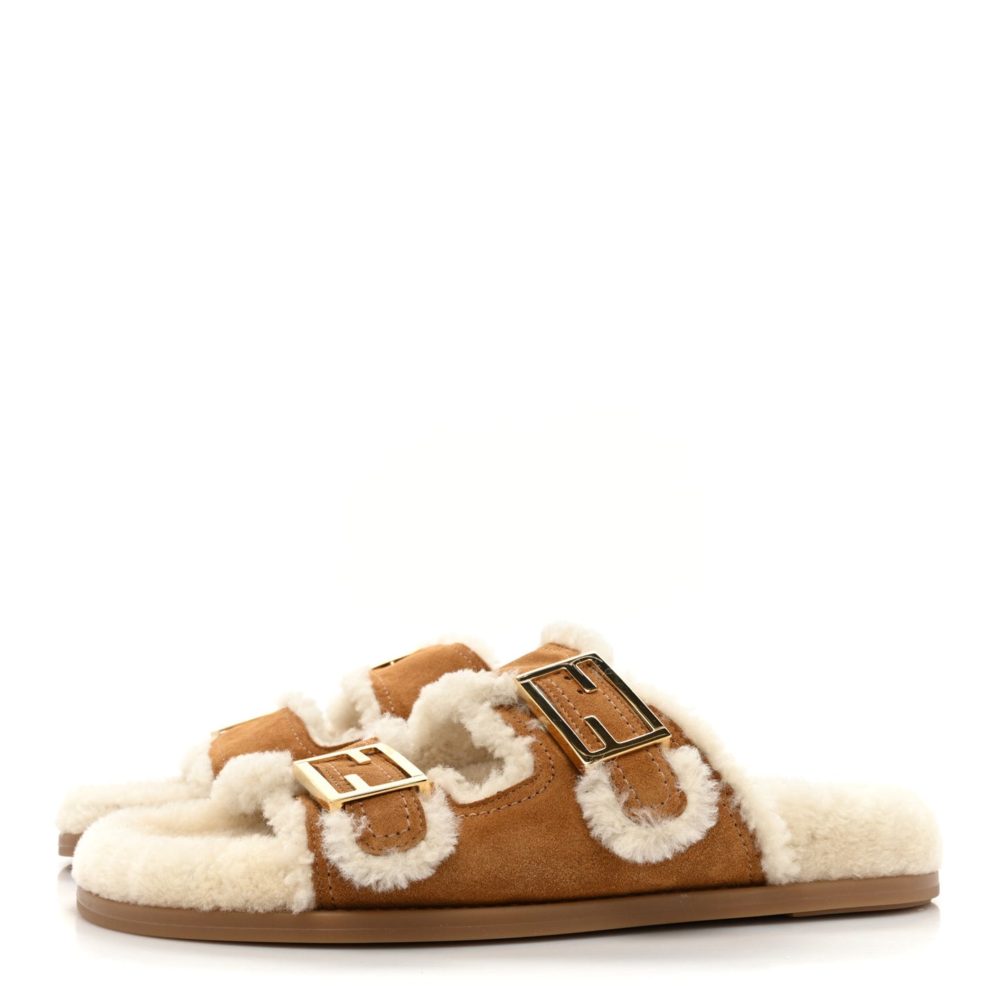 Suede Shearling Fendi Feel Buckled Slide Sandals 39 Beige Latte