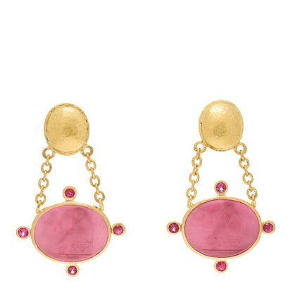 Elizabeth Locke 19K Yellow Gold Pink Spinel Venetian Glass Intaglio Laurel Wreath Drop Chain Earrings 1 of 5