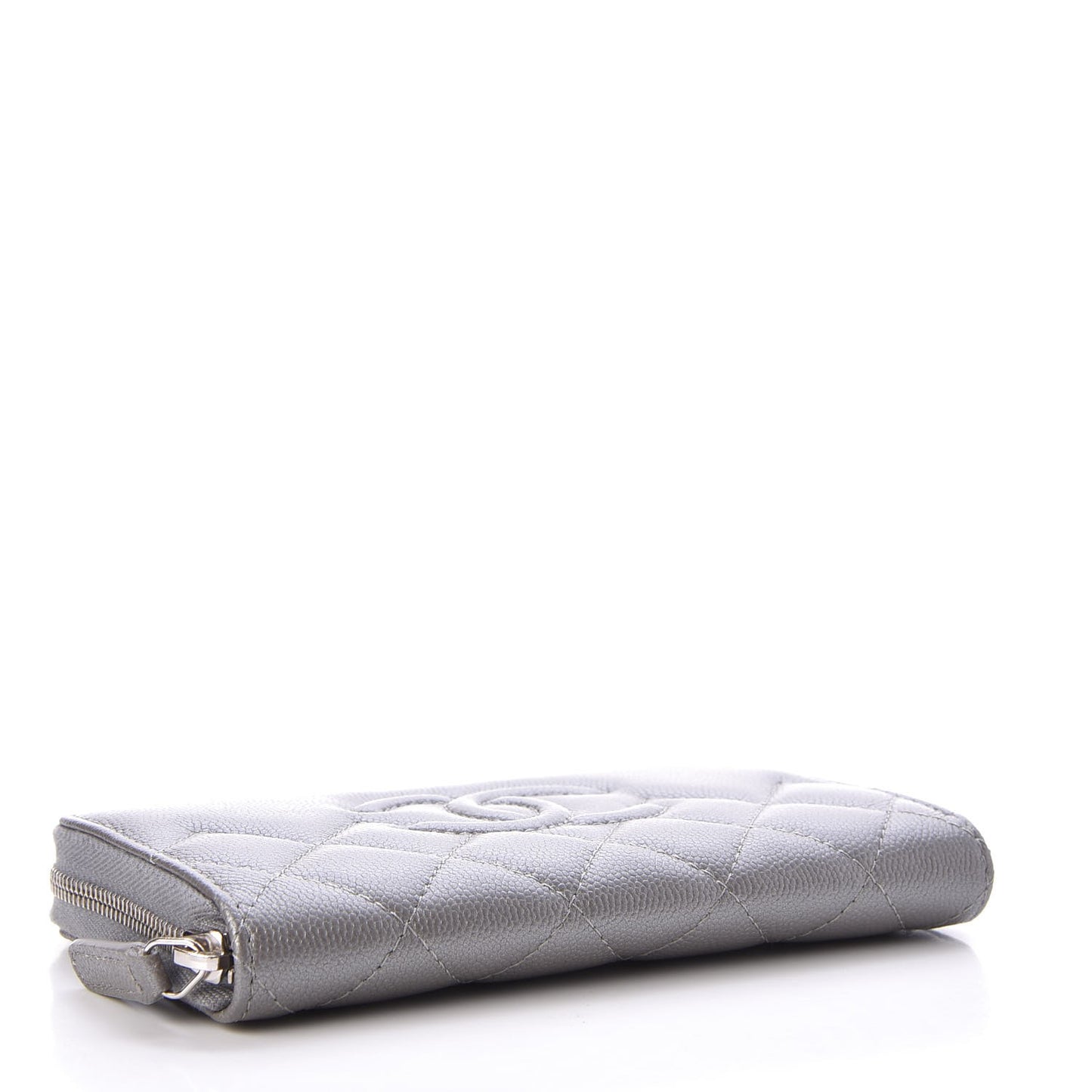 Metallic Caviar Quilted Medium Zip Around Wallet Silver