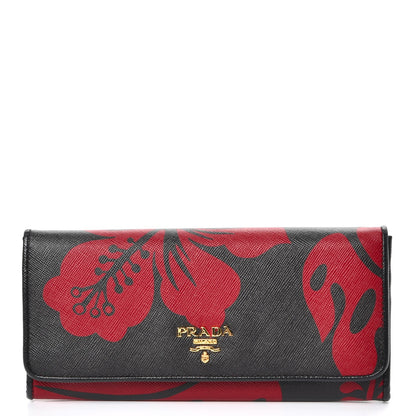 Prada Saffiano Hibiscus Print Continental Flap Wallet Rosso 1 of 8