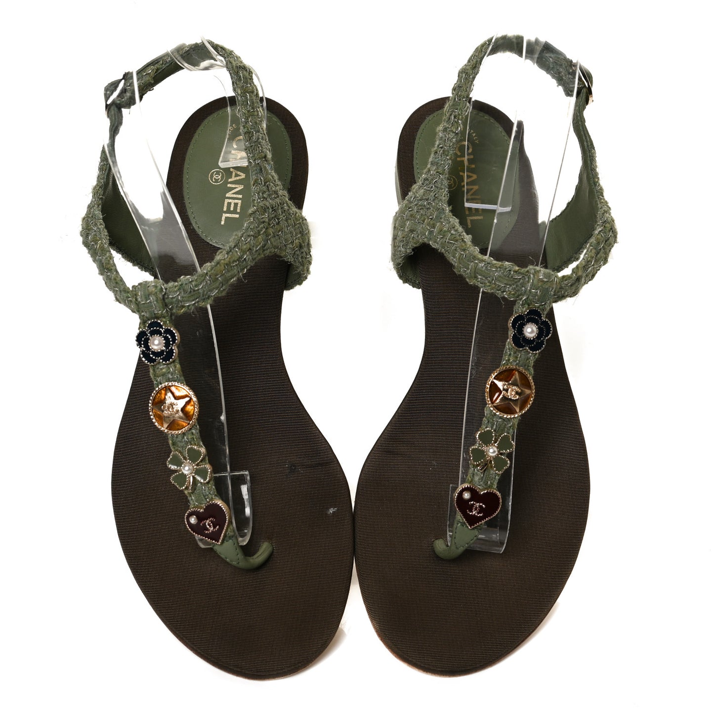 Tweed CC Charm Thong Sandals 37 Dark Green