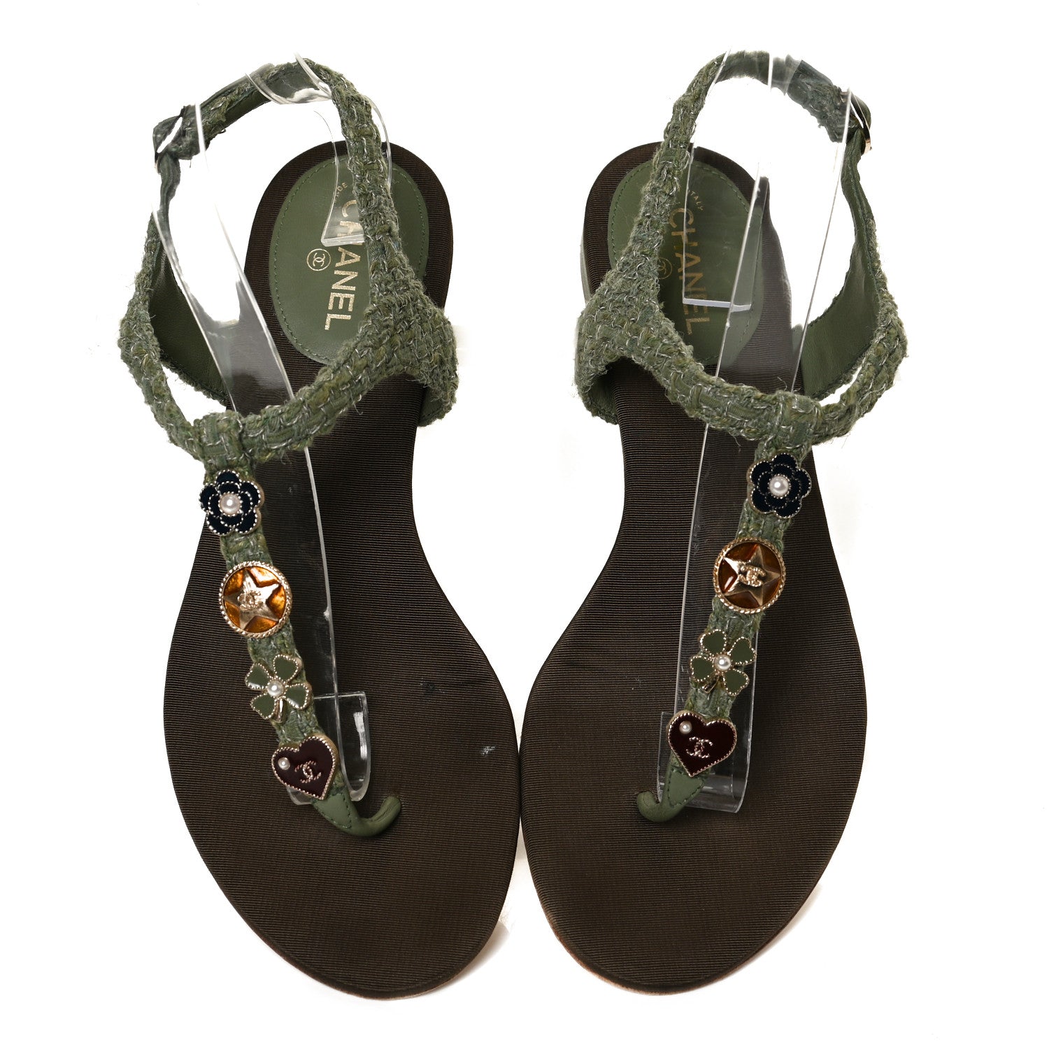 Chanel Tweed CC Charm Thong Sandals 37 Dark Green 5 of 11